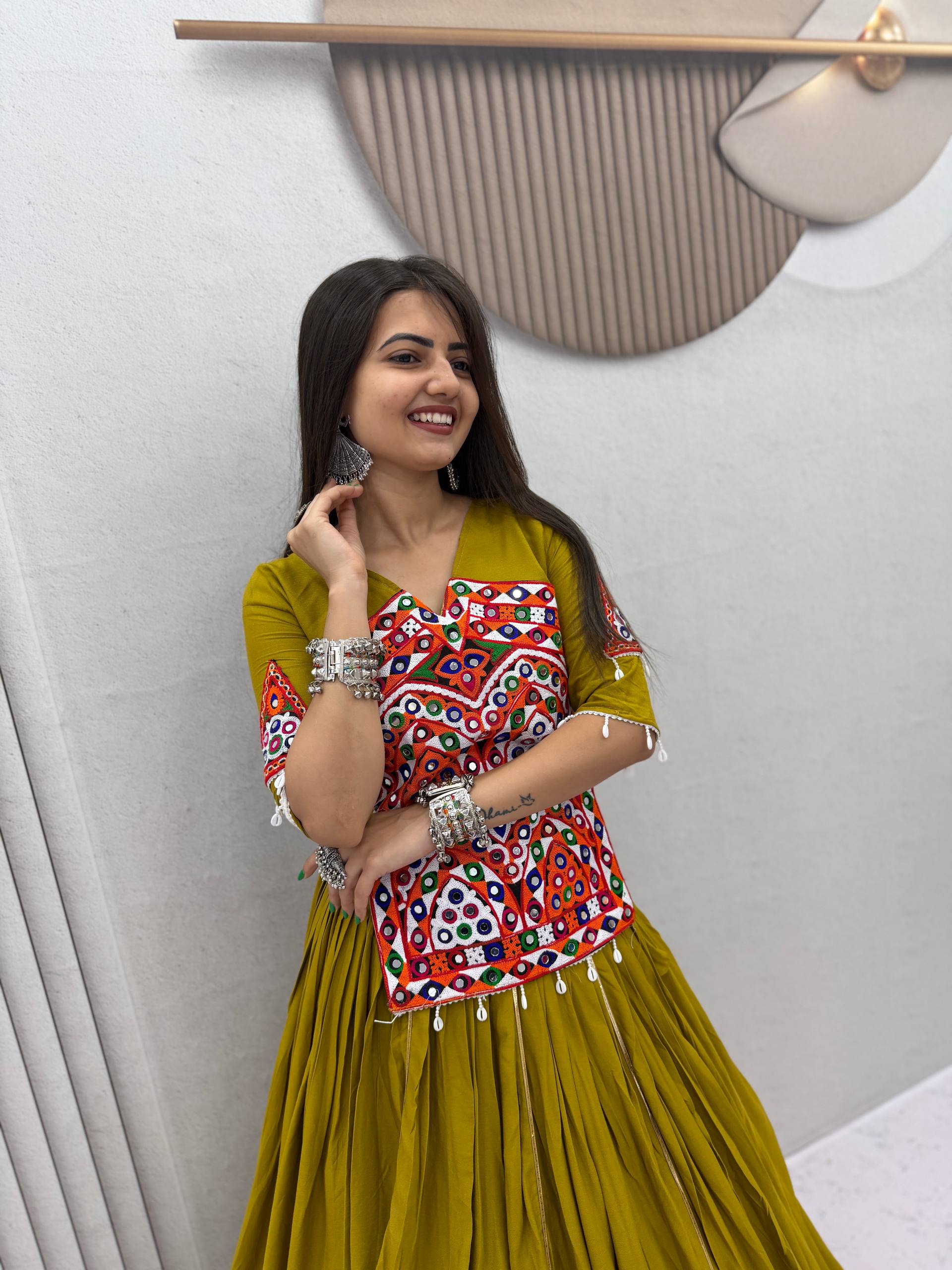 Olive Green Gamthi Mirror Work Cotton Lehenga Choli | Navratri Special