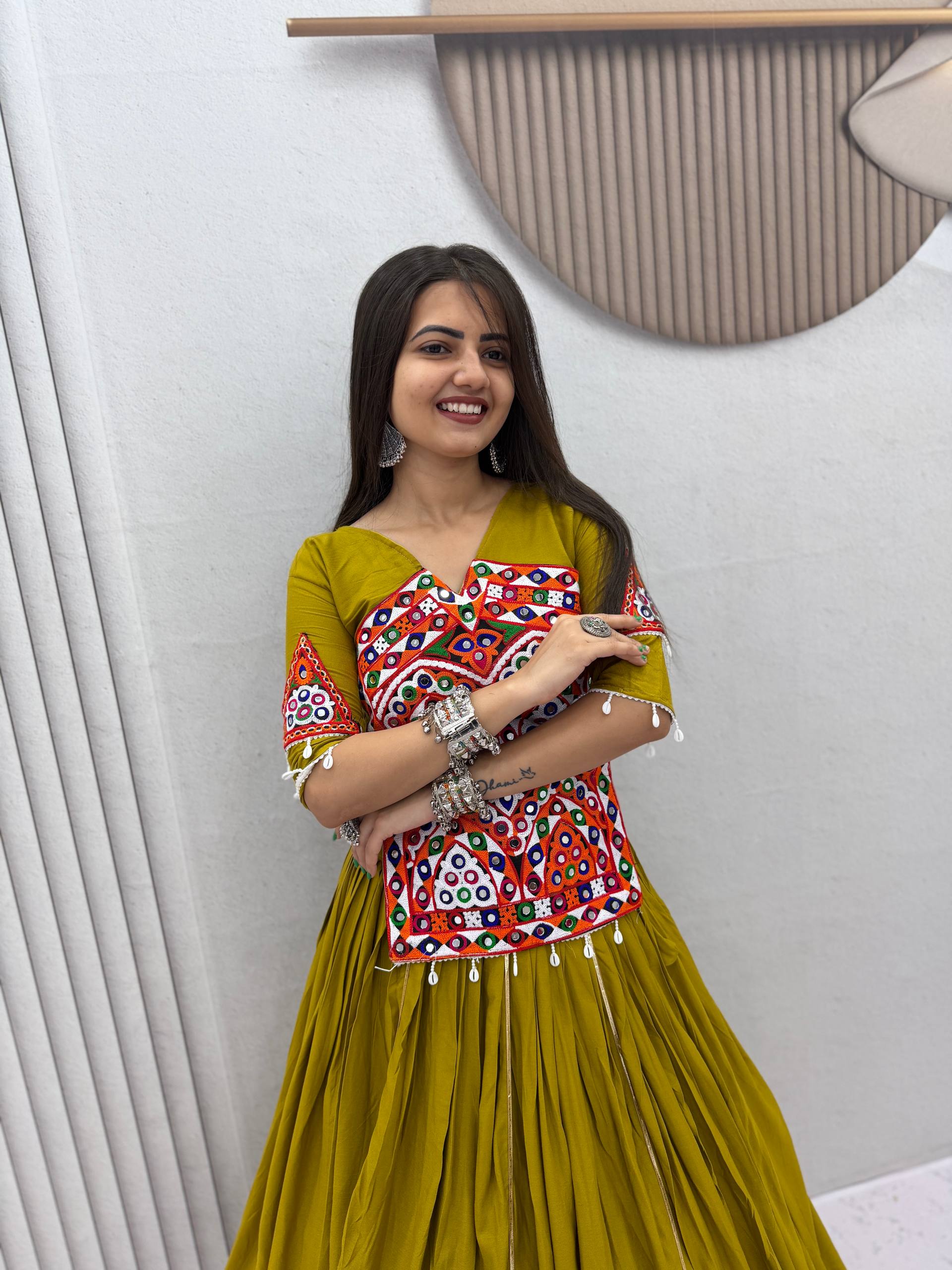 Olive Green Gamthi Mirror Work Cotton Lehenga Choli | Navratri Special