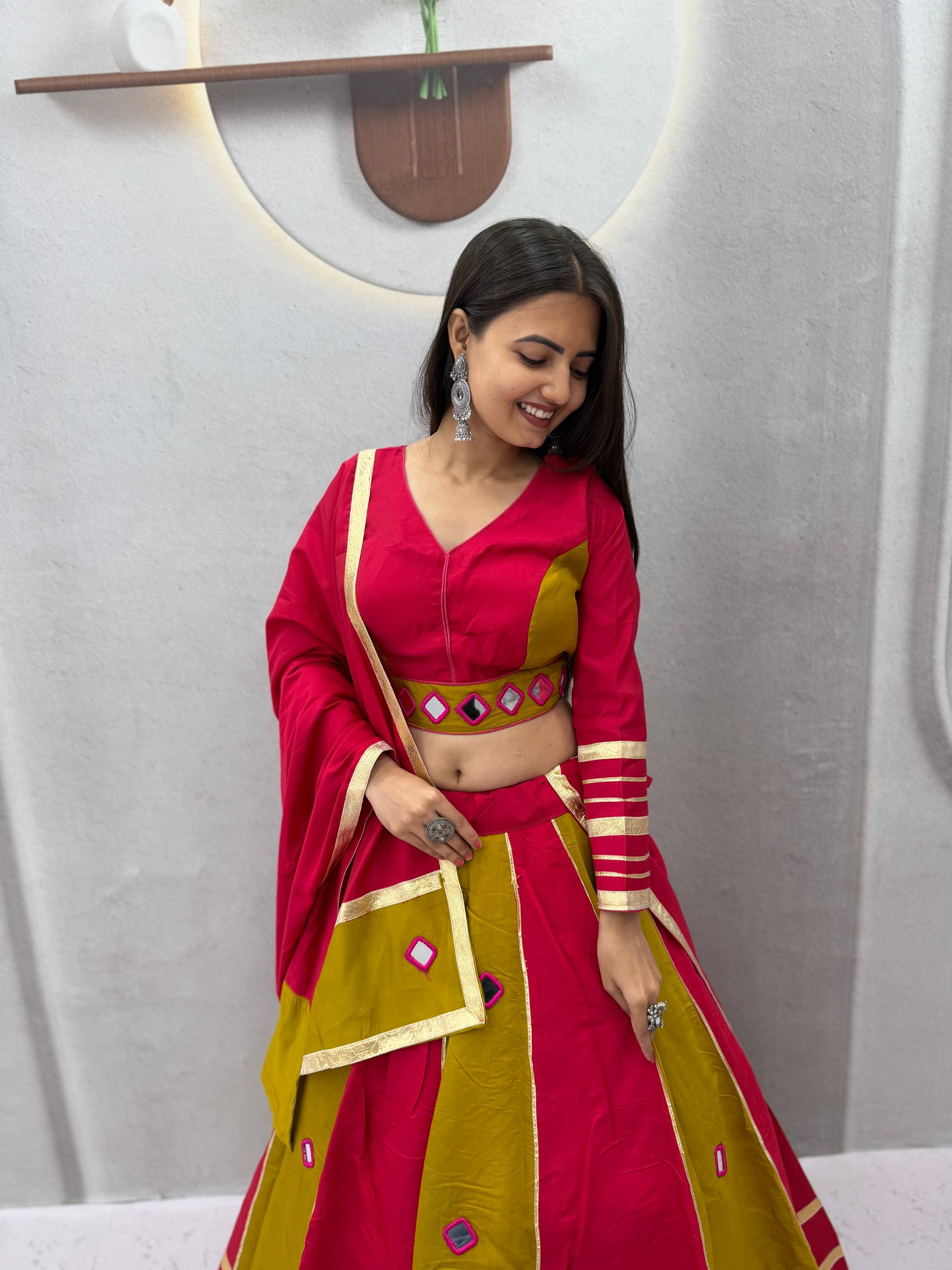 Rani Pink & Mehendi Green Roman Silk Mirror Work Lehenga Choli Set