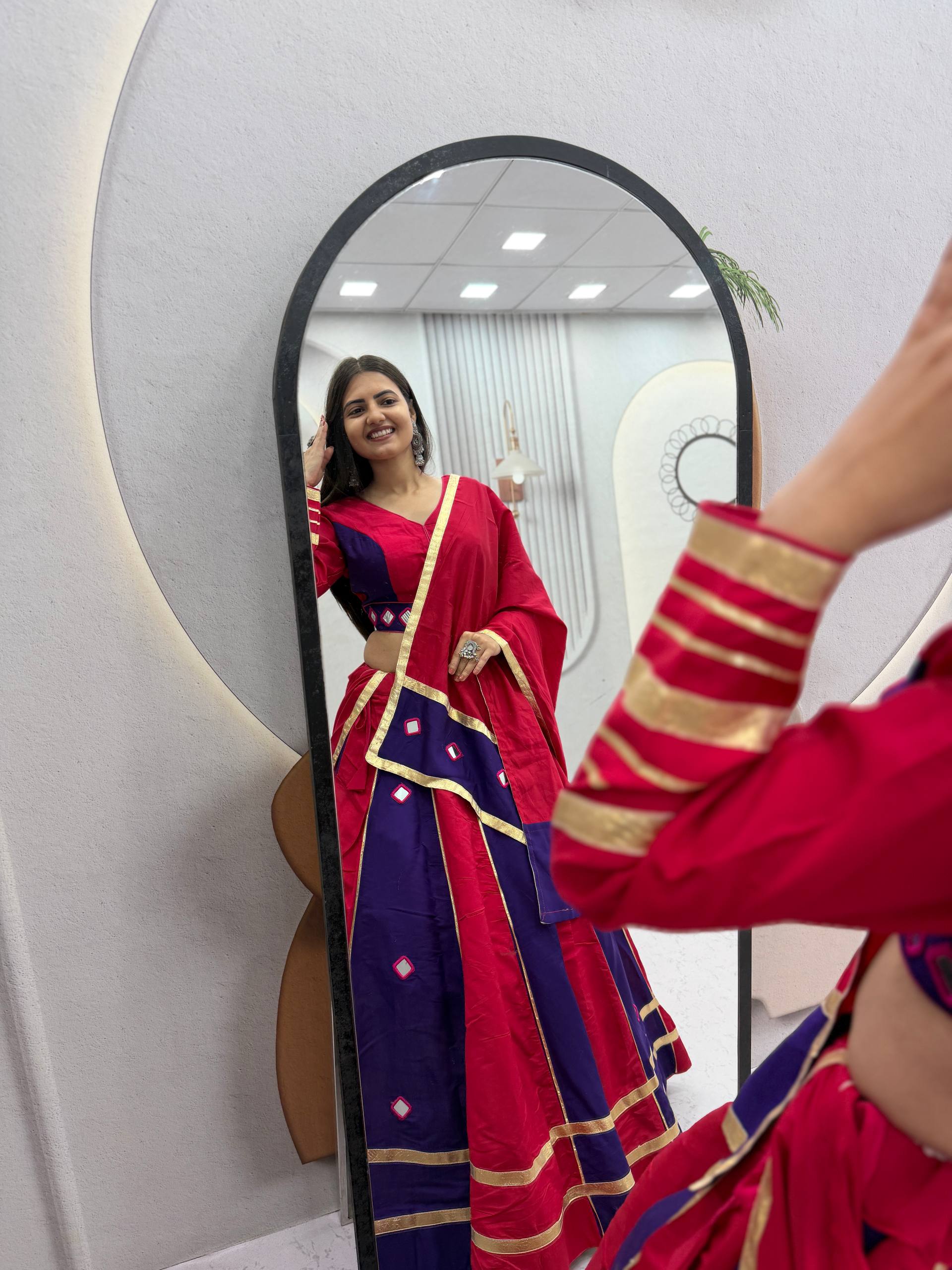 Rani Pink & Navy Blue Roman Silk Mirror Work Lehenga Choli Set