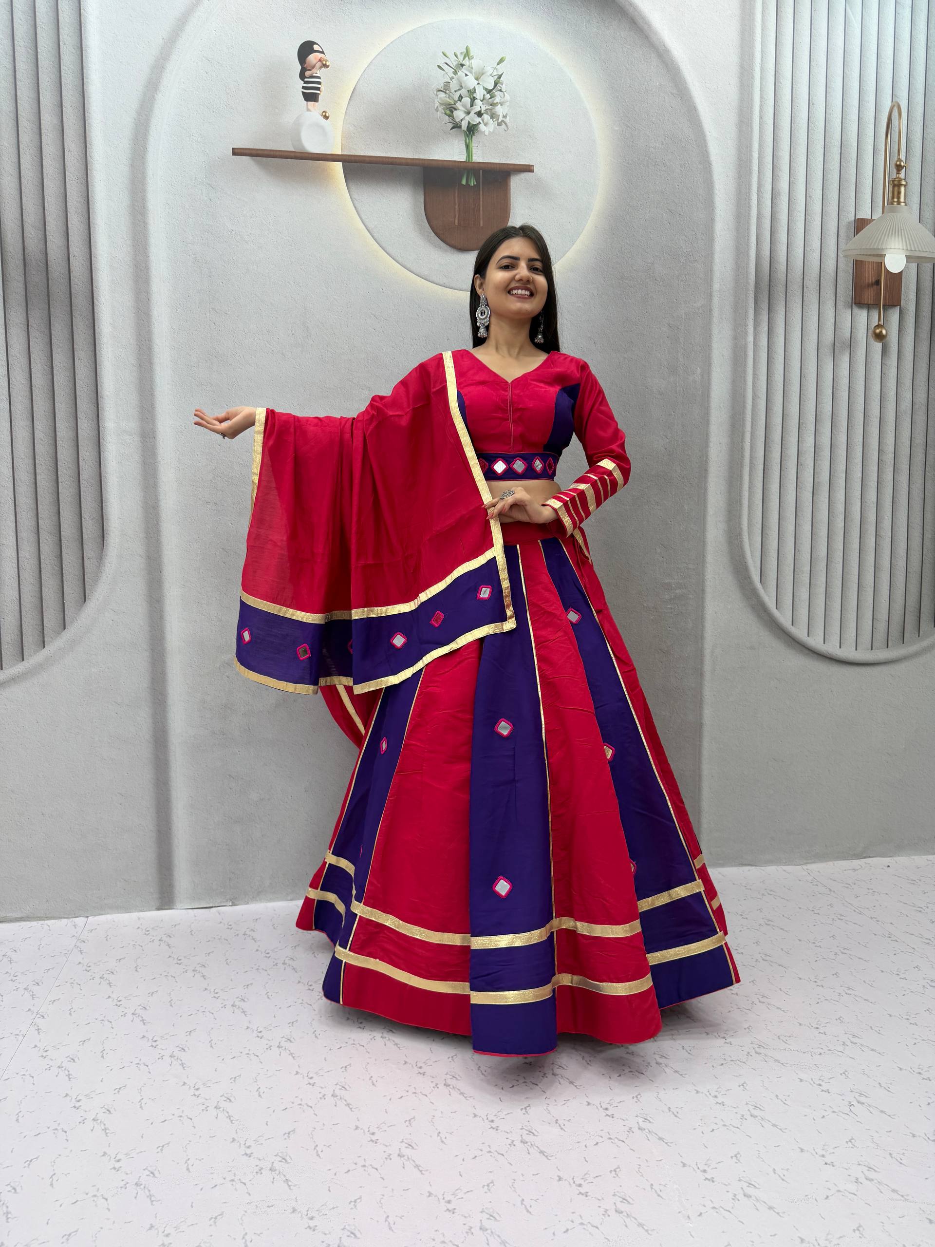 Rani Pink & Navy Blue Roman Silk Mirror Work Lehenga Choli Set
