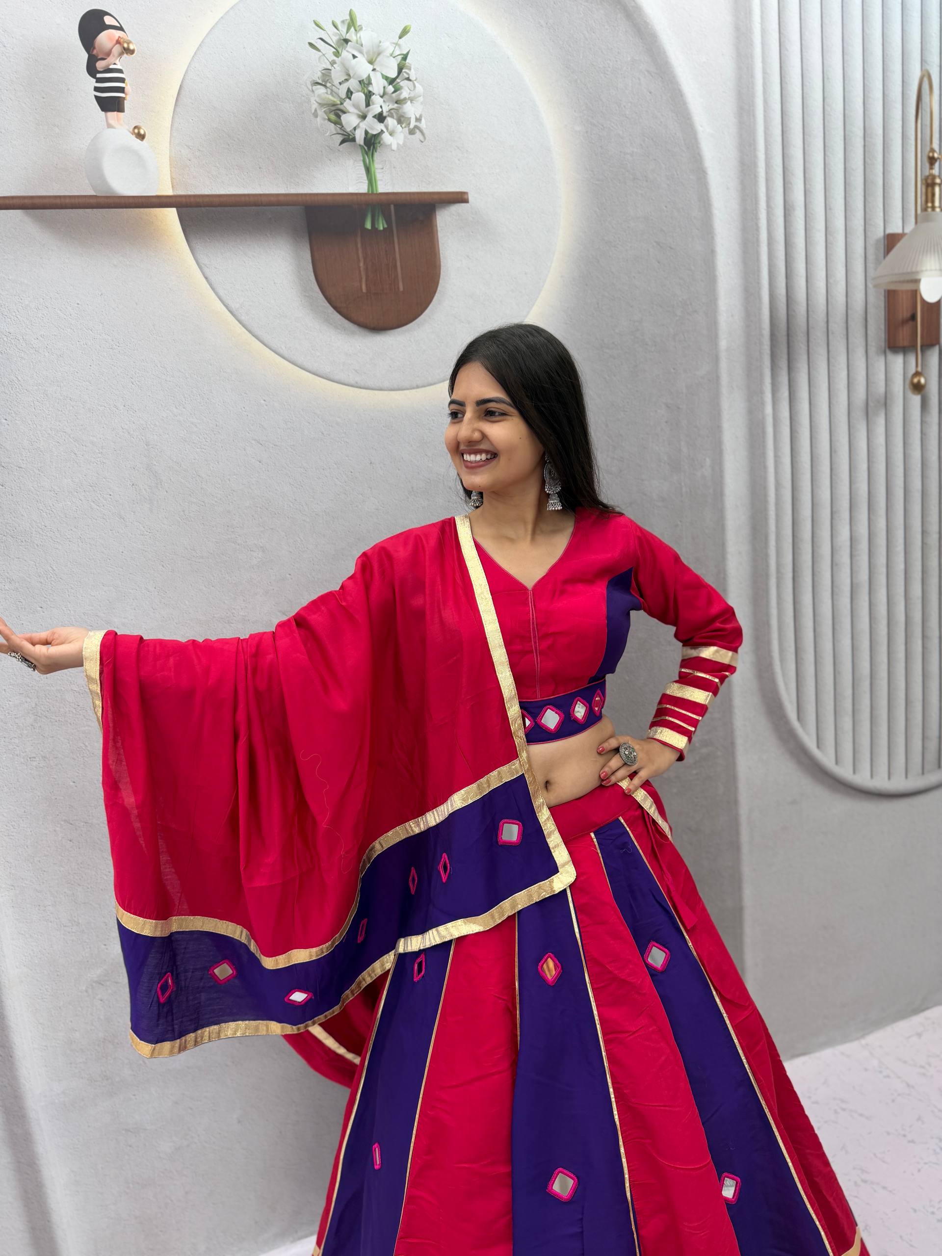 Rani Pink & Navy Blue Roman Silk Mirror Work Lehenga Choli Set