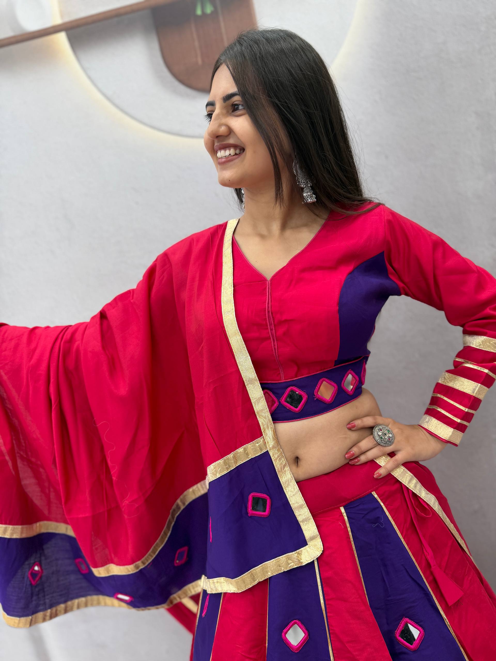 Rani Pink & Navy Blue Roman Silk Mirror Work Lehenga Choli Set