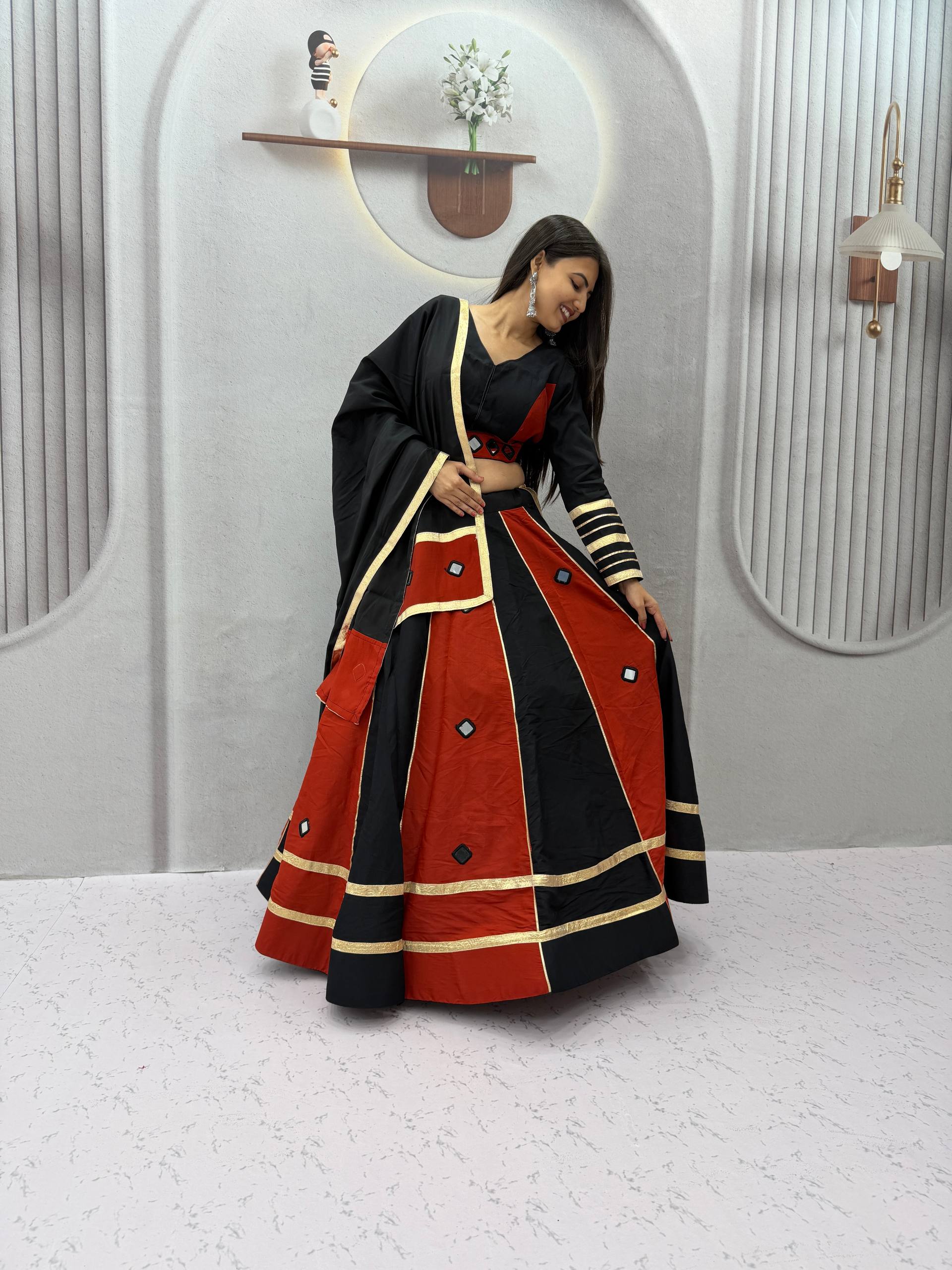 Black & Rust Orange Roman Silk Mirror Work Lehenga Choli Set