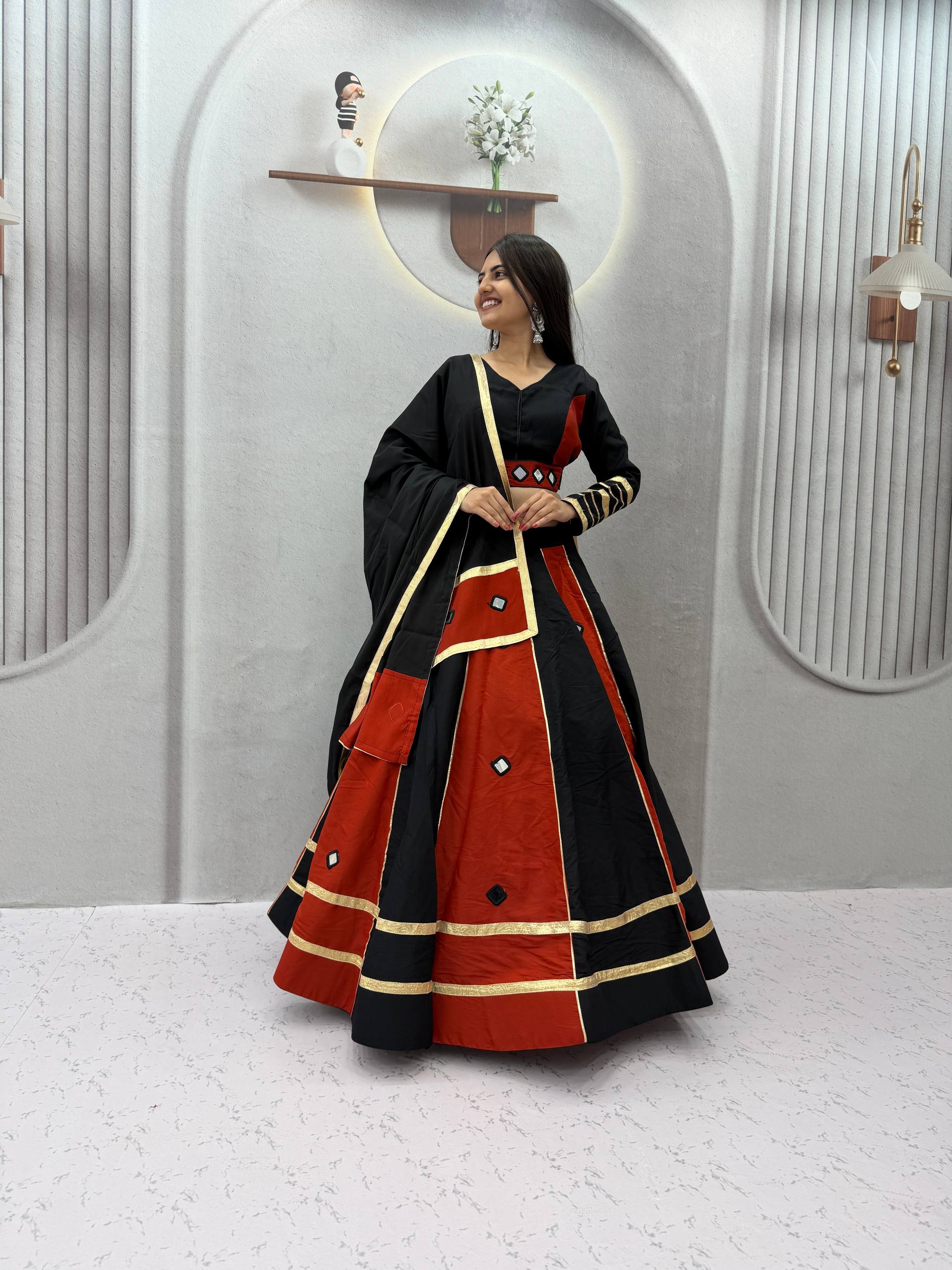 Black & Rust Orange Roman Silk Mirror Work Lehenga Choli Set