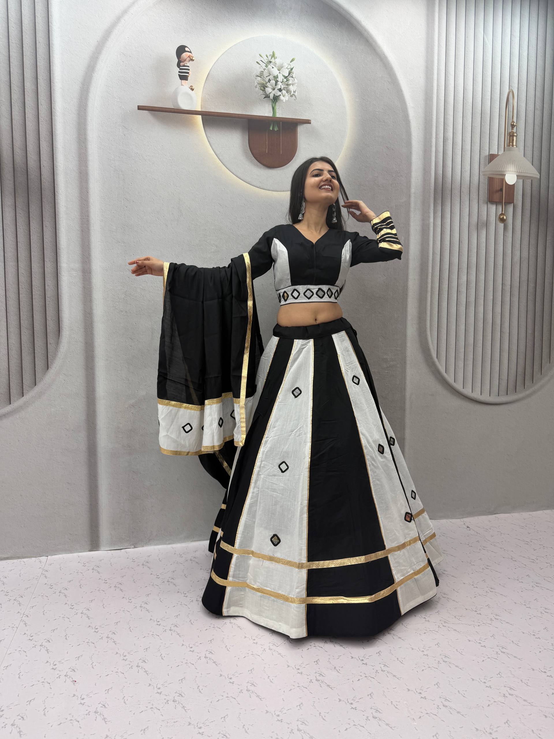 Black & White Roman Silk Mirror Work Lehenga Choli with 6+ Meter Flair