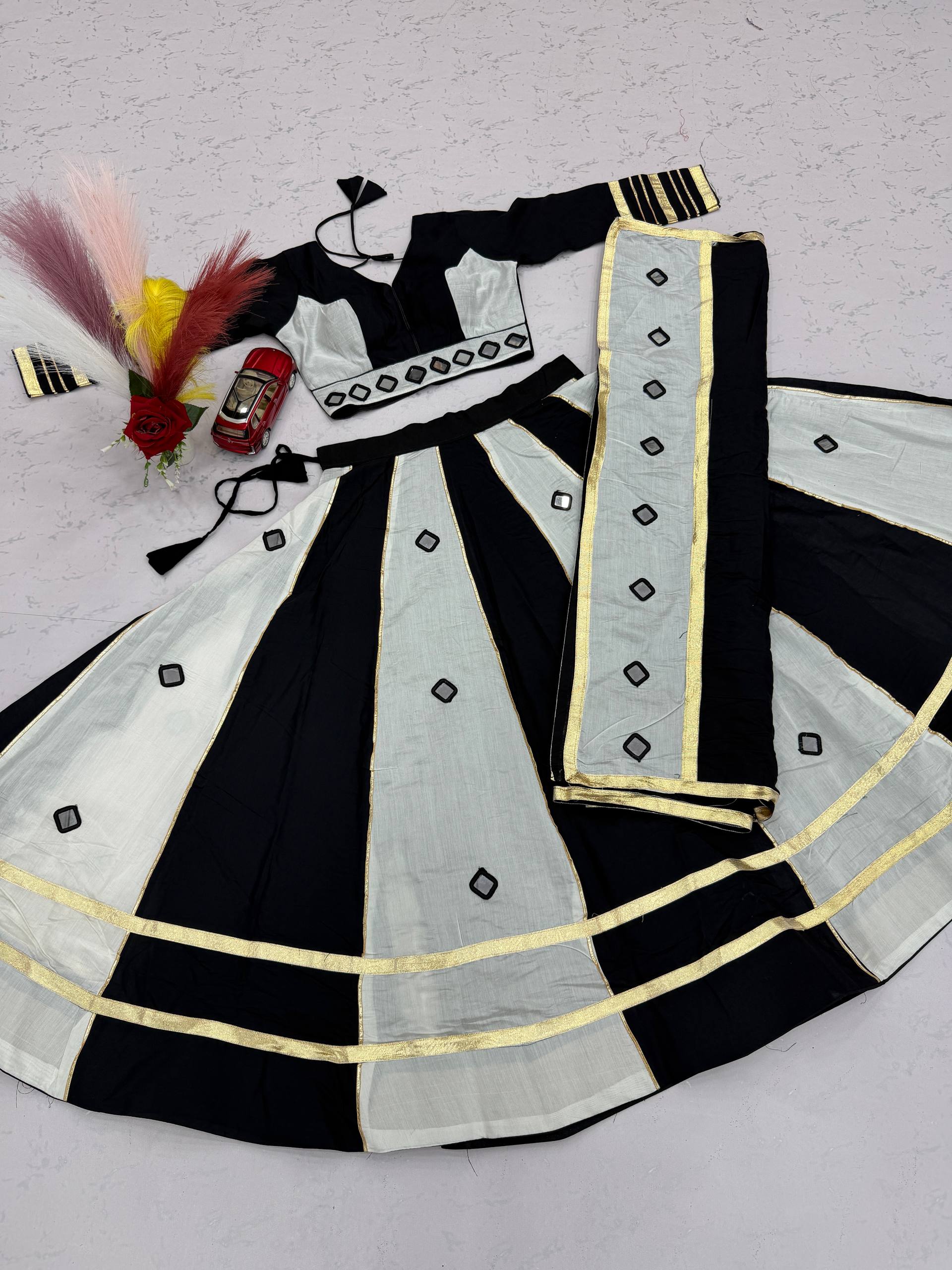 Black & White Roman Silk Mirror Work Lehenga Choli with 6+ Meter Flair