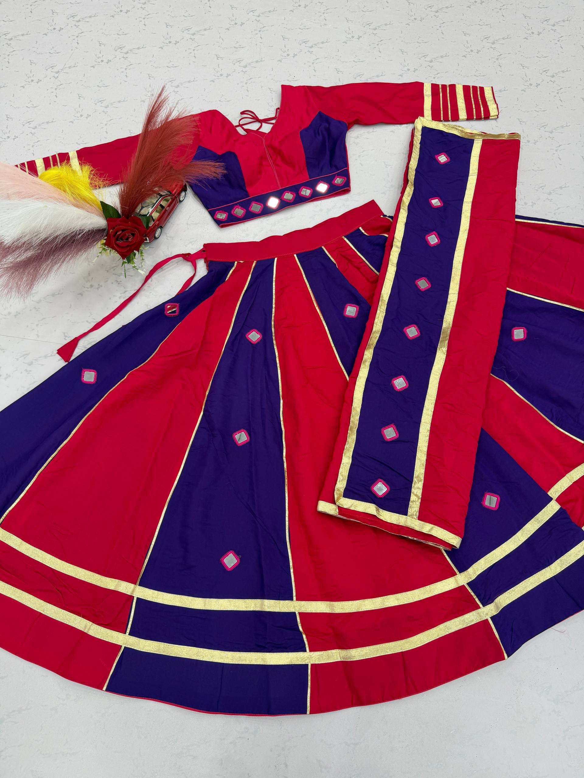 Rani Pink & Navy Blue Roman Silk Mirror Work Lehenga Choli Set