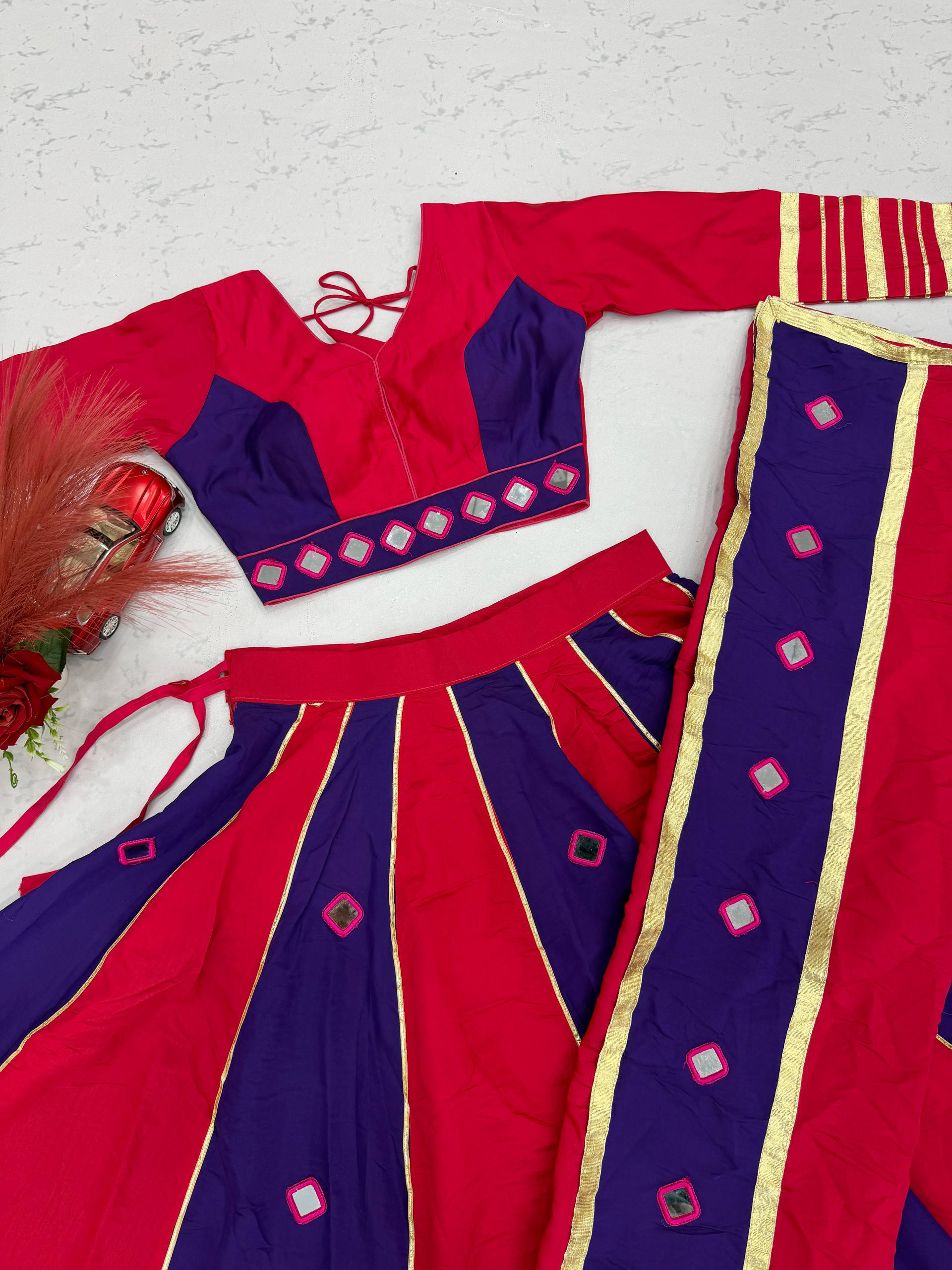 Rani Pink & Navy Blue Roman Silk Mirror Work Lehenga Choli Set