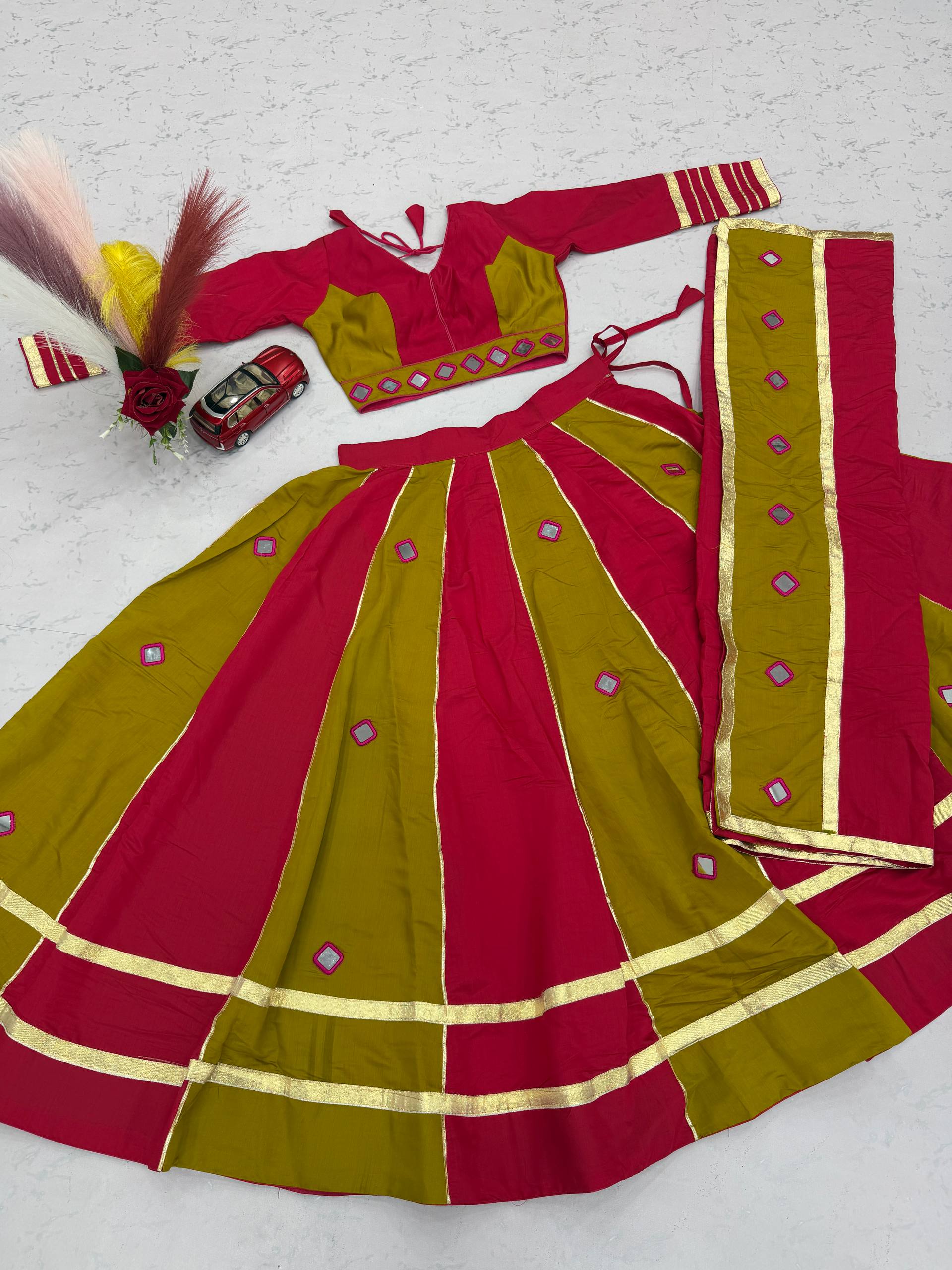 Rani Pink & Mehendi Green Roman Silk Mirror Work Lehenga Choli Set