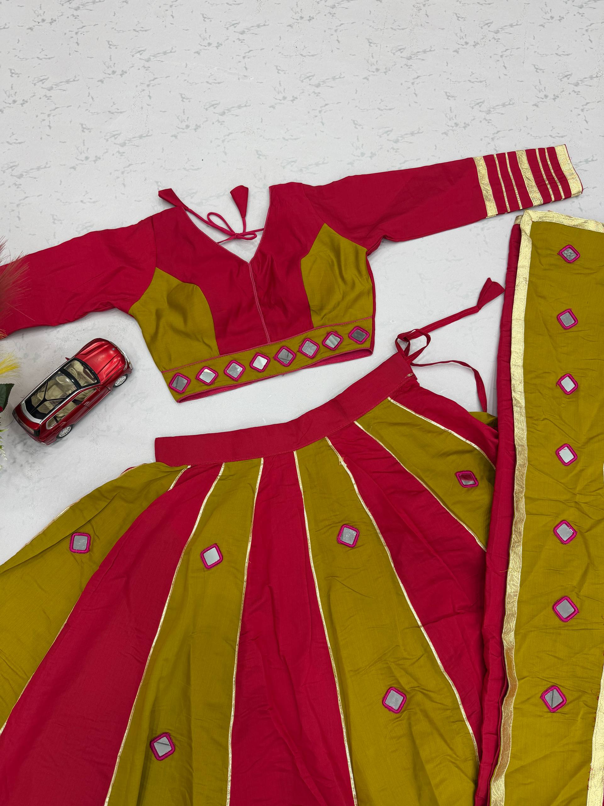 Rani Pink & Mehendi Green Roman Silk Mirror Work Lehenga Choli Set