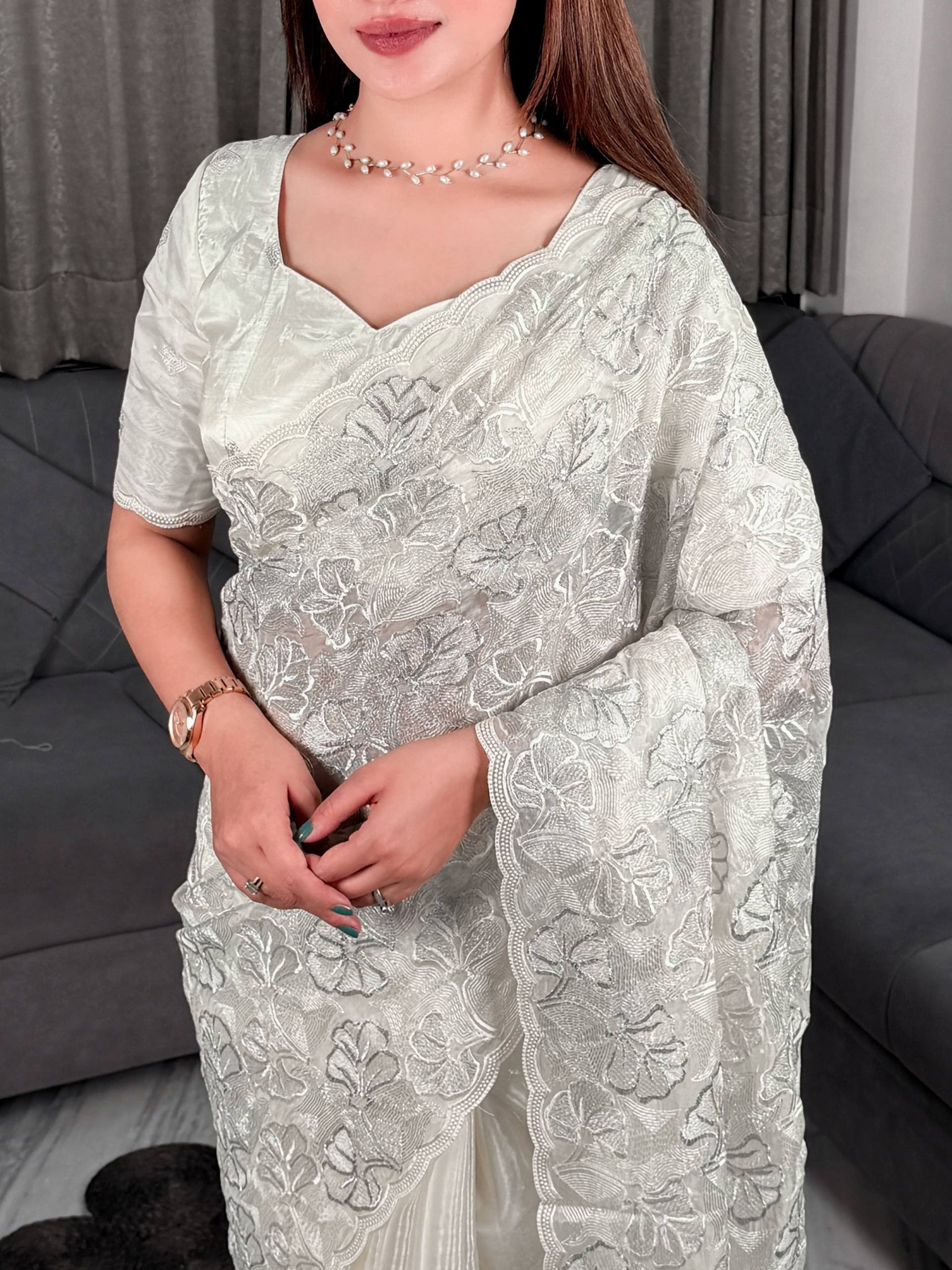 Ivory Beige Chanda Silk Turkish Embroidery Sequins Saree with Blouse
