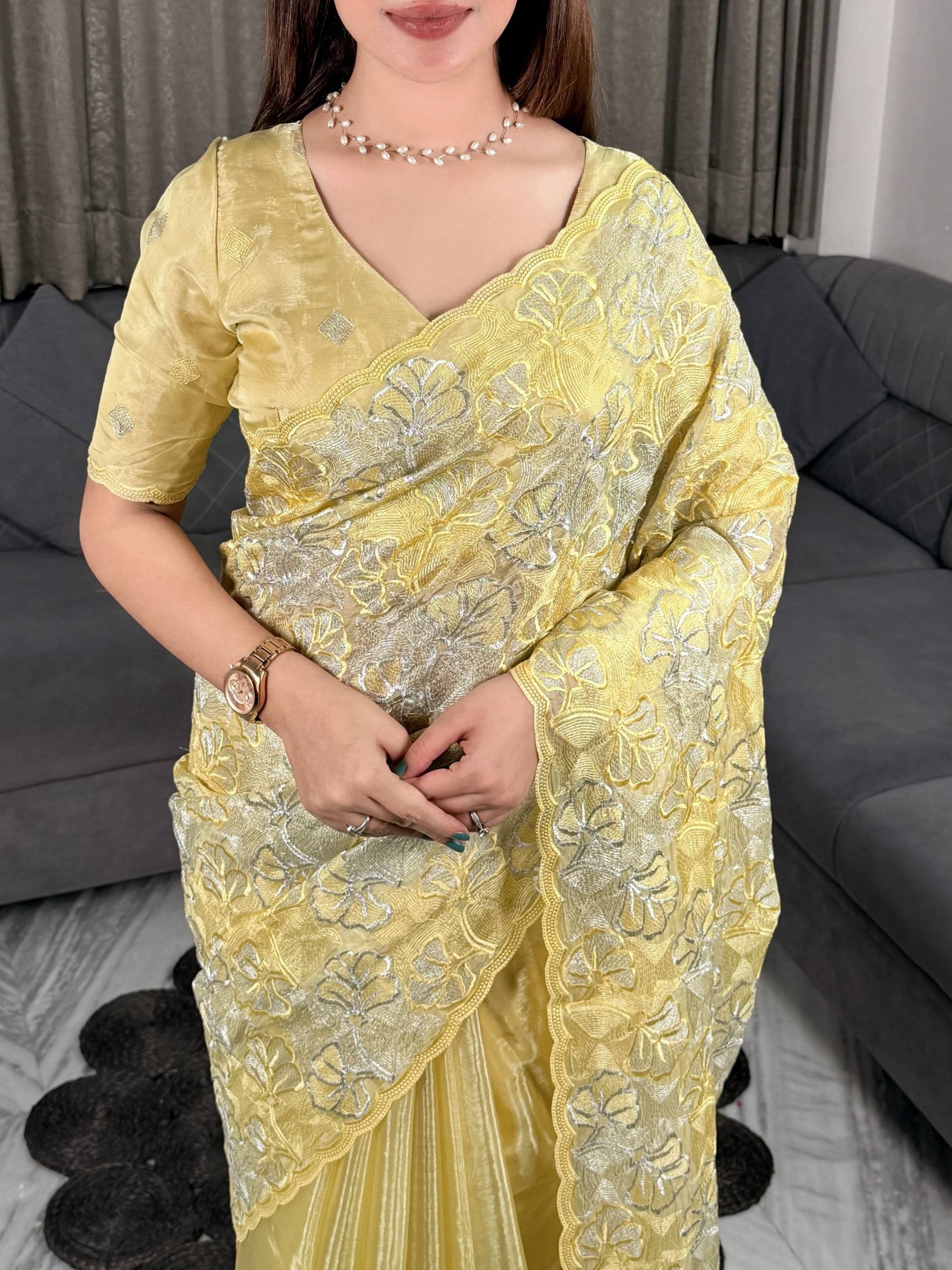 Pastel Yellow Chanda Silk Turkish Embroidery Saree with Blouse