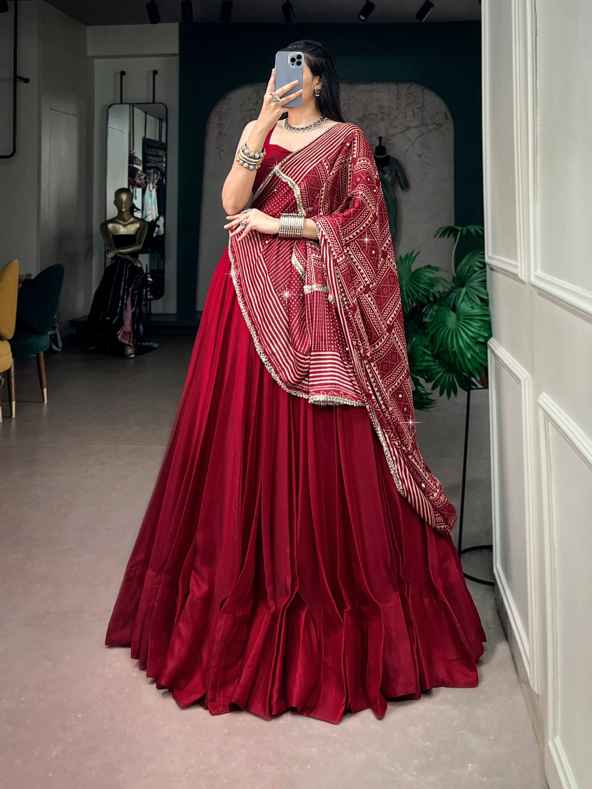 Maroon Moonga Silk Navratri Lehenga Choli with Printed Dupatta