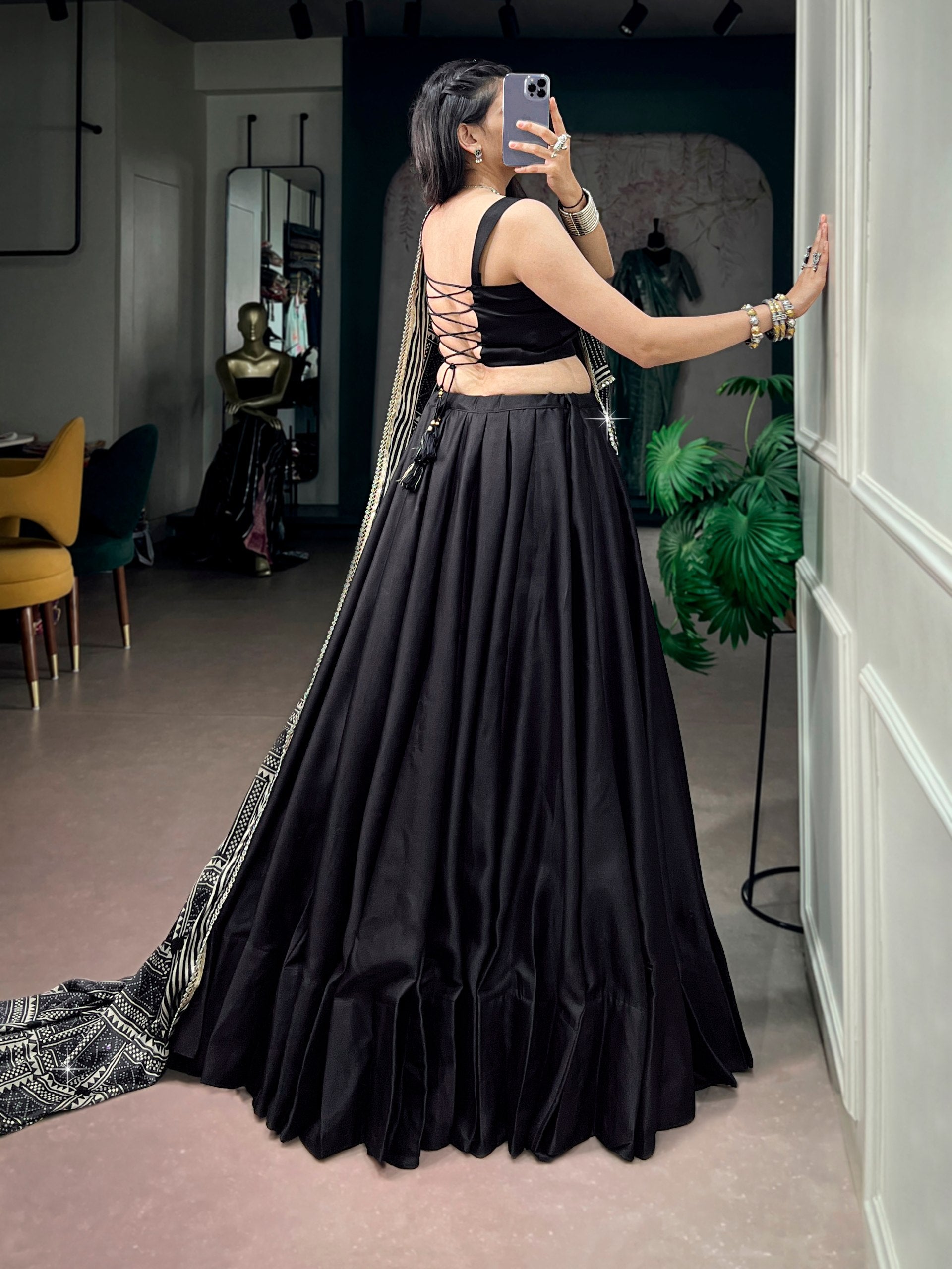 Classic Black Moonga Silk Navratri Lehenga Choli with Printed Dupatta