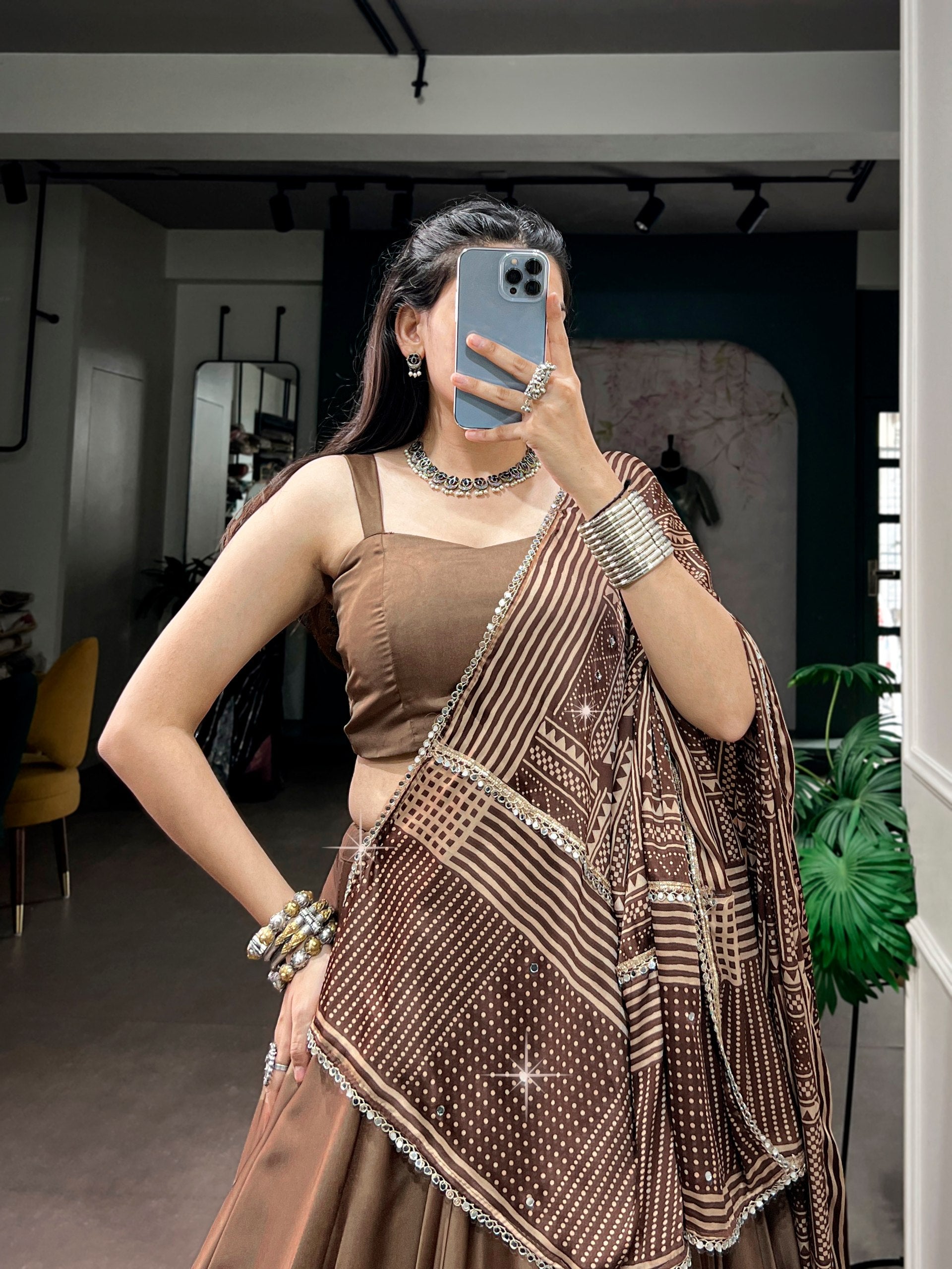 Chocolate Brown Moonga Silk Navratri Lehenga Choli with Printed Dupatta