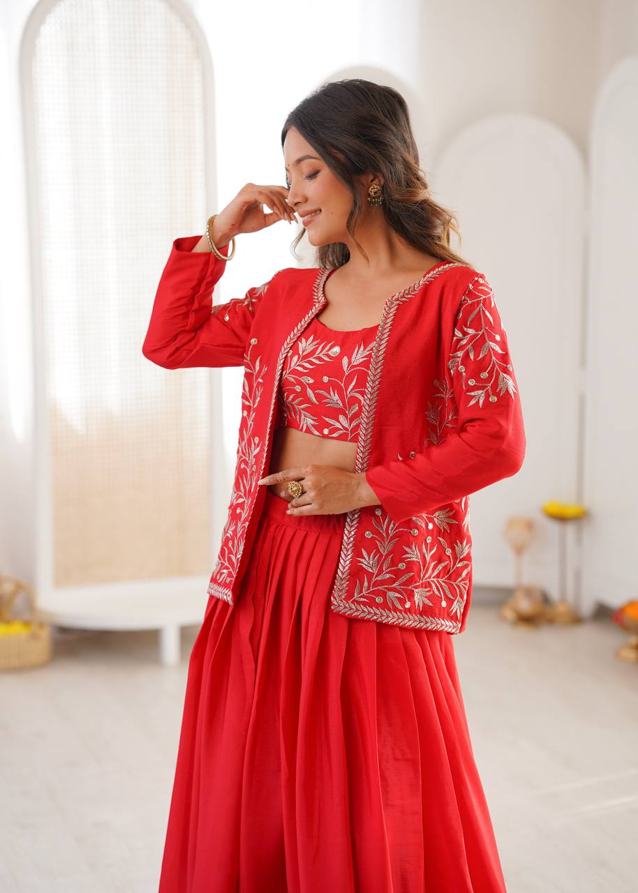 Red Chinon Silk Lehenga Choli with Embroidered Koti – 3 Piece Set