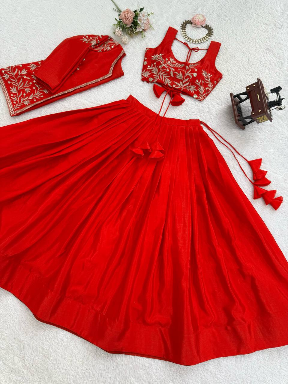 Red Chinon Silk Lehenga Choli with Embroidered Koti – 3 Piece Set