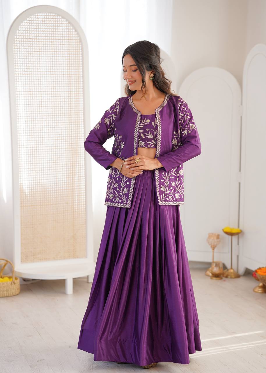 Royal Purple Chinon Silk Embroidered Lehenga Choli with Koti
