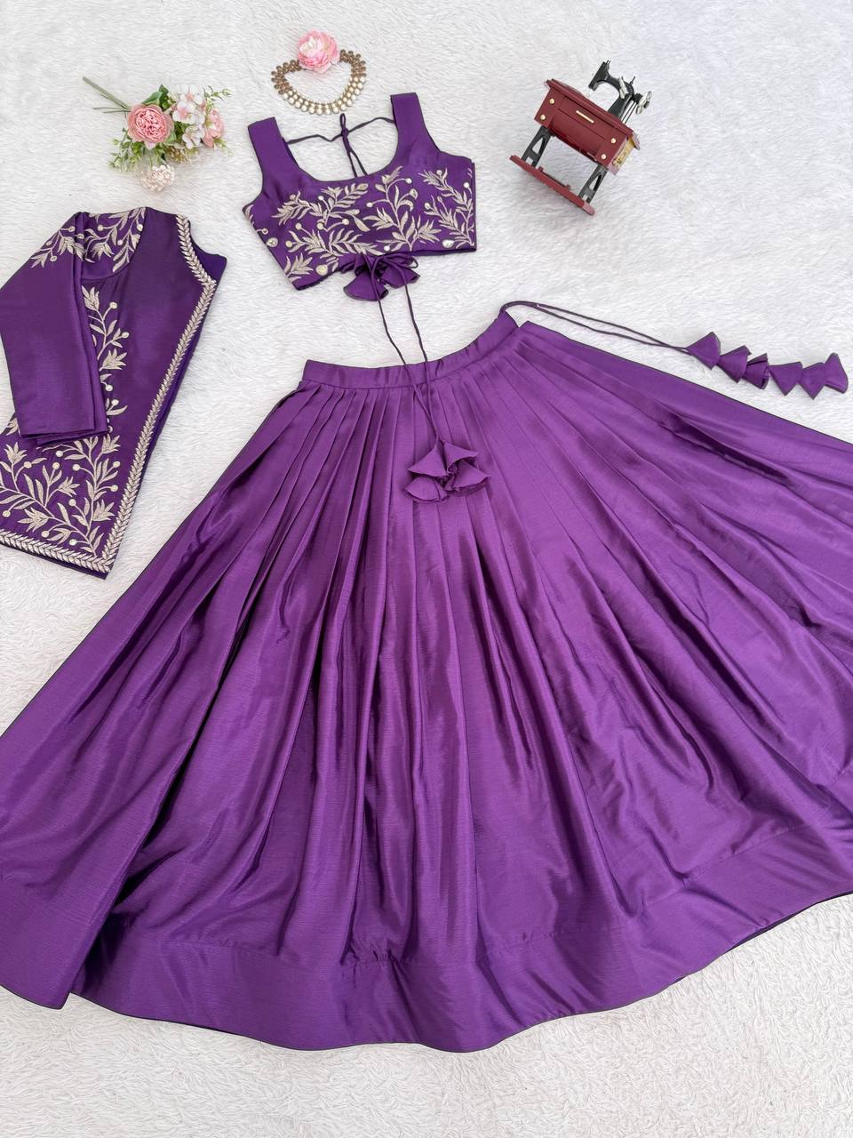 Royal Purple Chinon Silk Embroidered Lehenga Choli with Koti