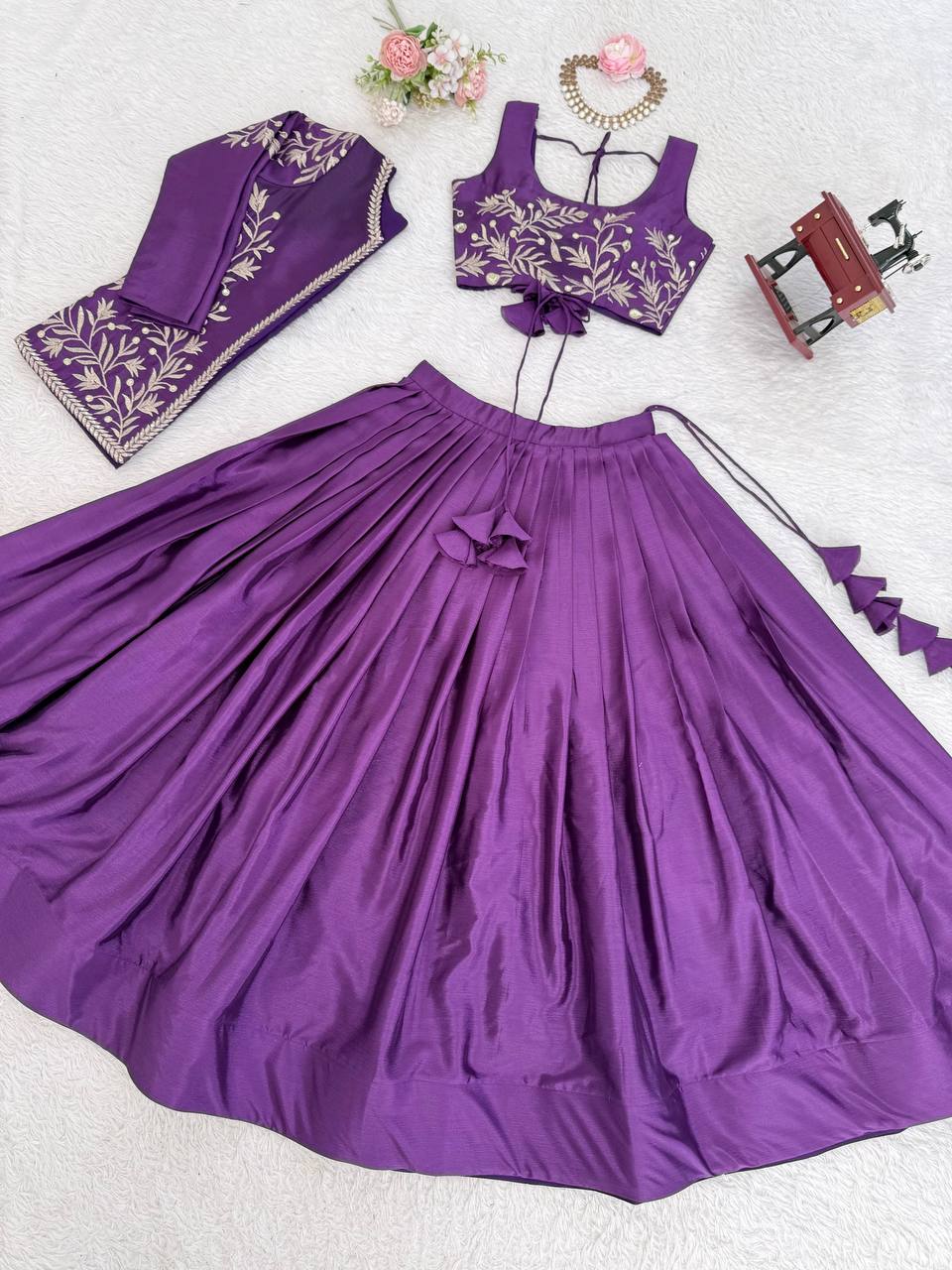 Royal Purple Chinon Silk Embroidered Lehenga Choli with Koti