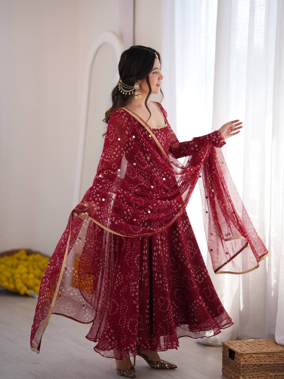 Maroon Faux Georgette Bandhani Print Anarkali Suit Set with Dupatta