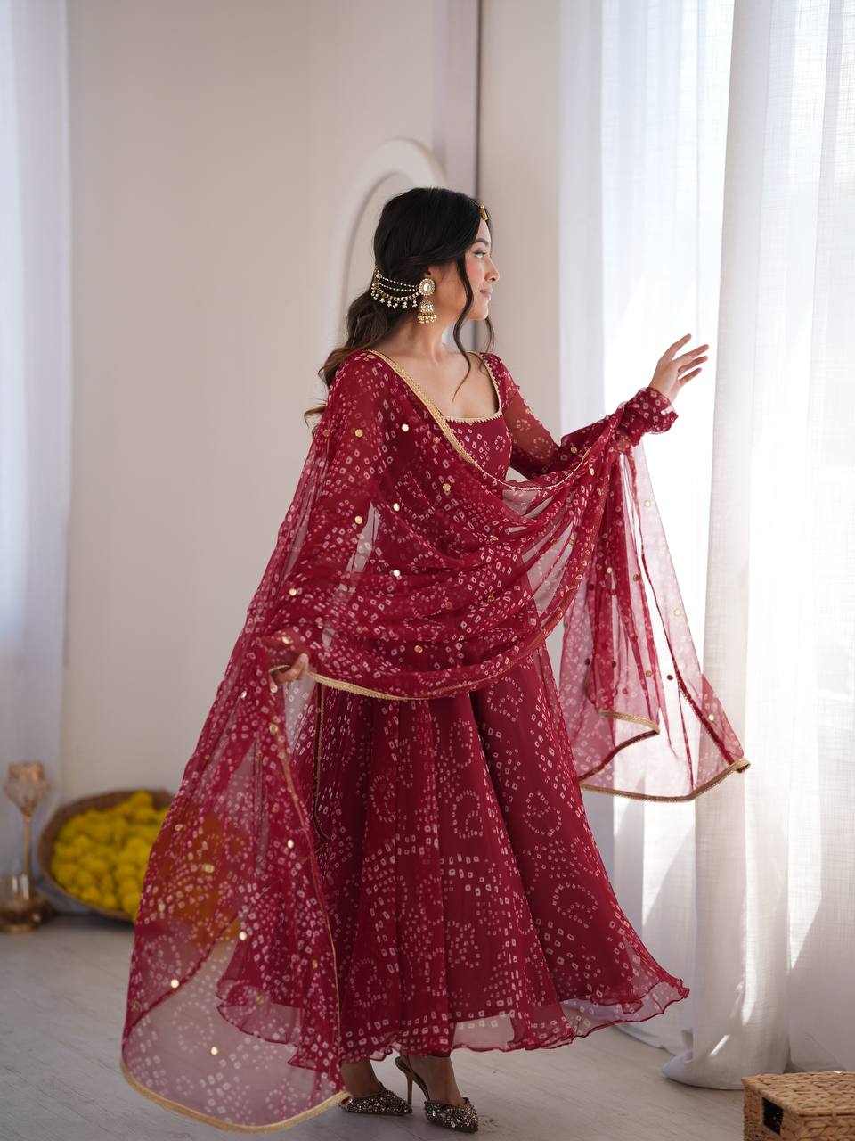 Maroon Faux Georgette Bandhani Print Anarkali Suit Set with Dupatta