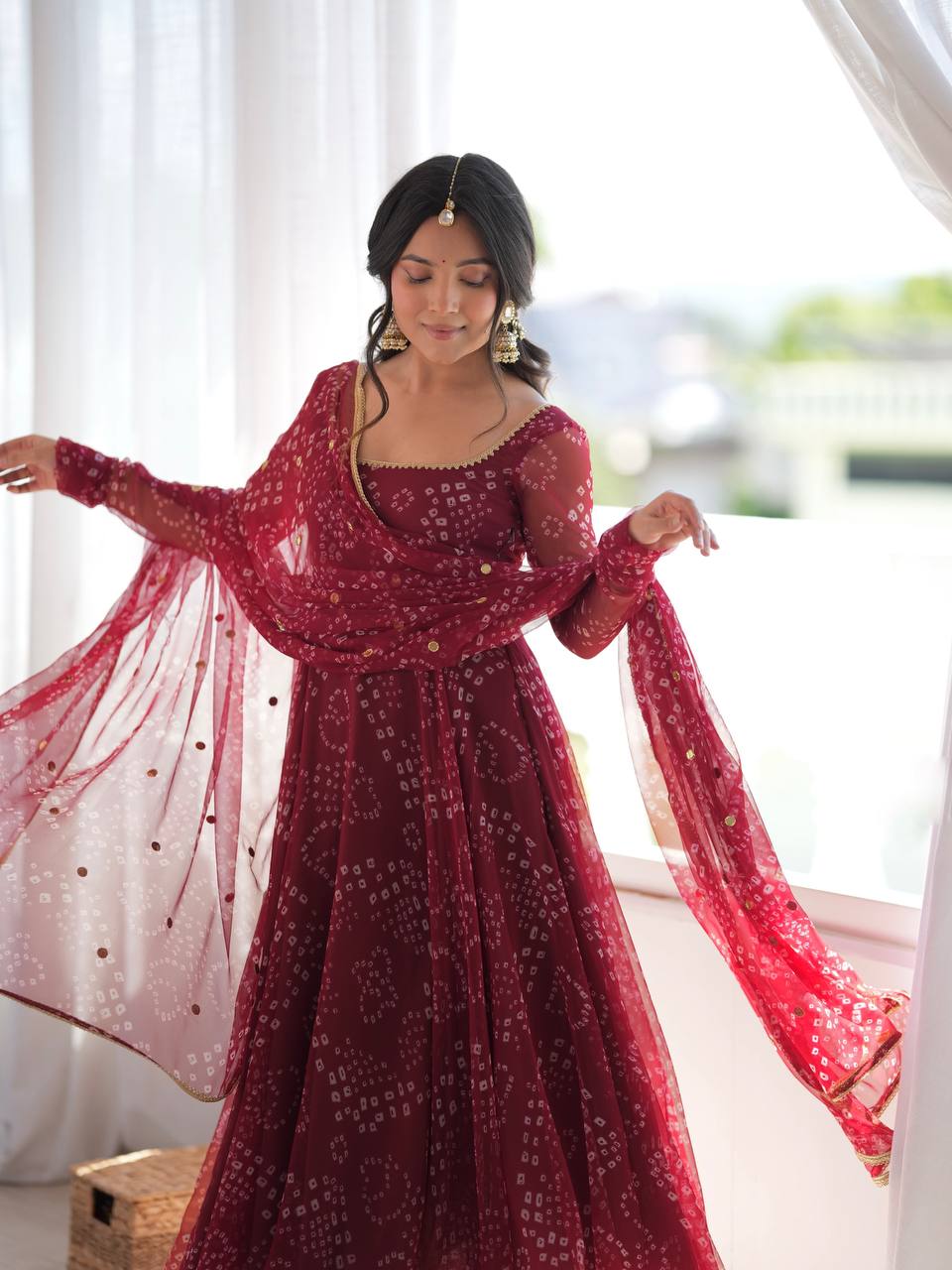 Maroon Faux Georgette Bandhani Print Anarkali Suit Set with Dupatta