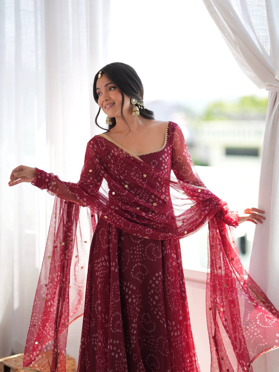Maroon Faux Georgette Bandhani Print Anarkali Suit Set with Dupatta