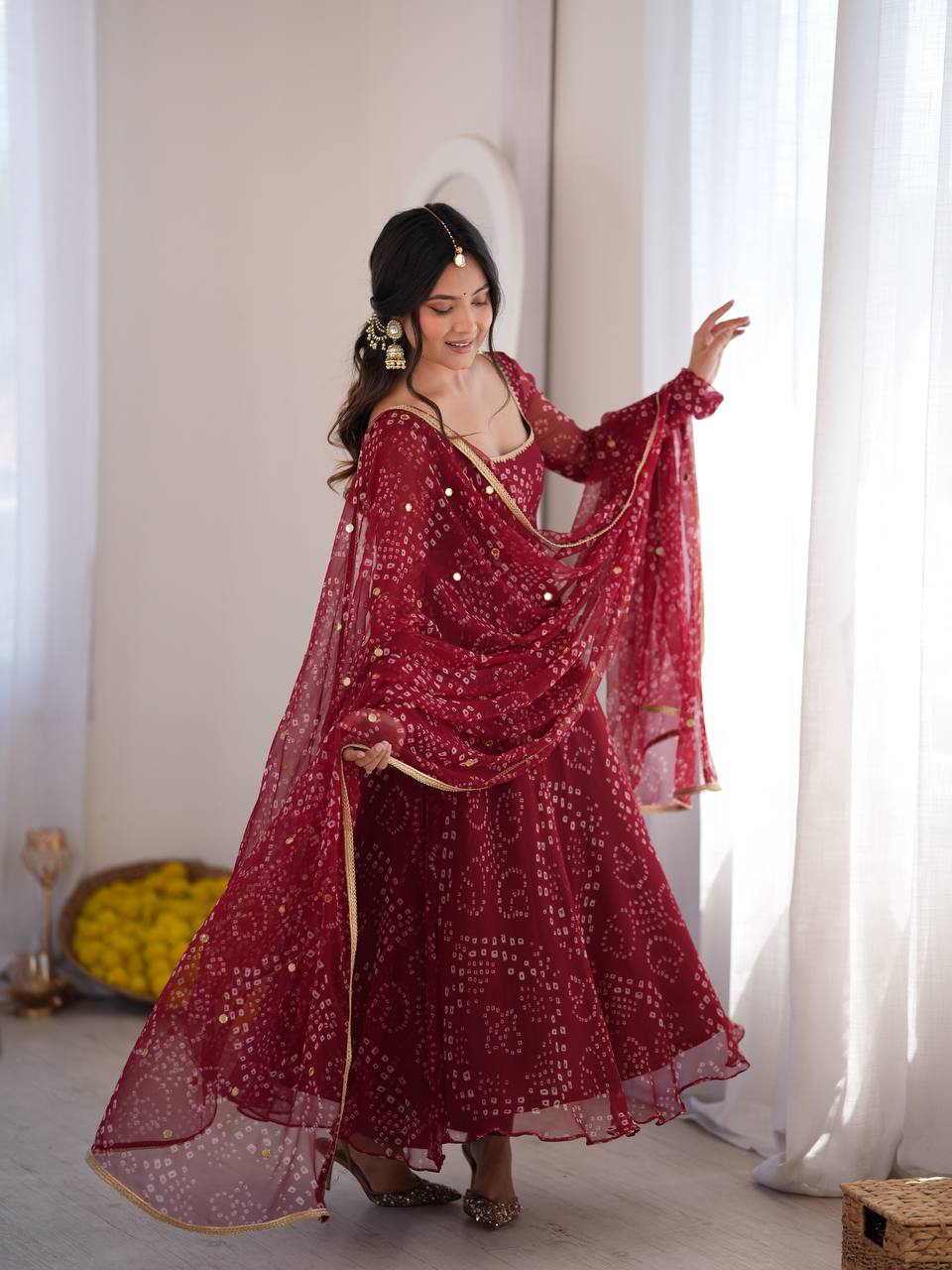 Maroon Faux Georgette Bandhani Print Anarkali Suit Set with Dupatta
