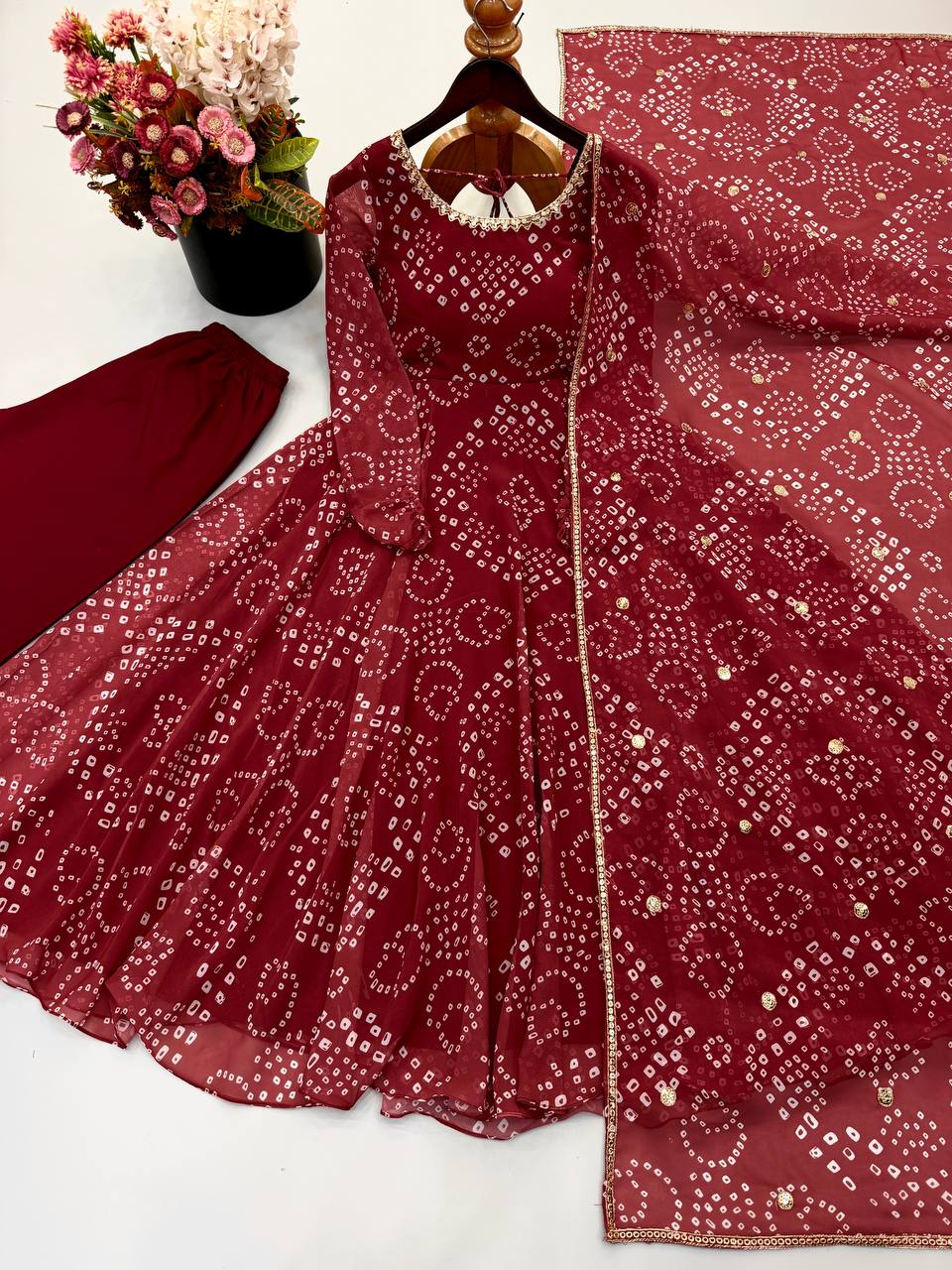 Maroon Faux Georgette Bandhani Print Anarkali Suit Set with Dupatta