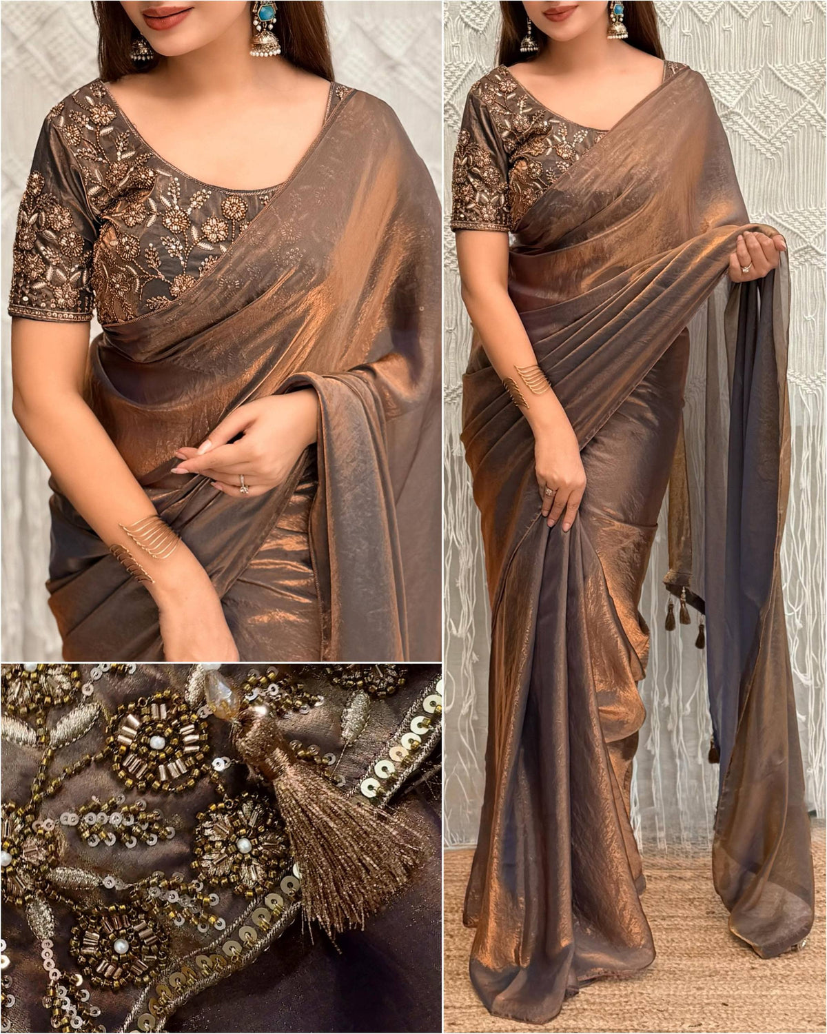 Mocha Bronze Dual Shade Fendy Satin Designer Saree with Beaded Blouse