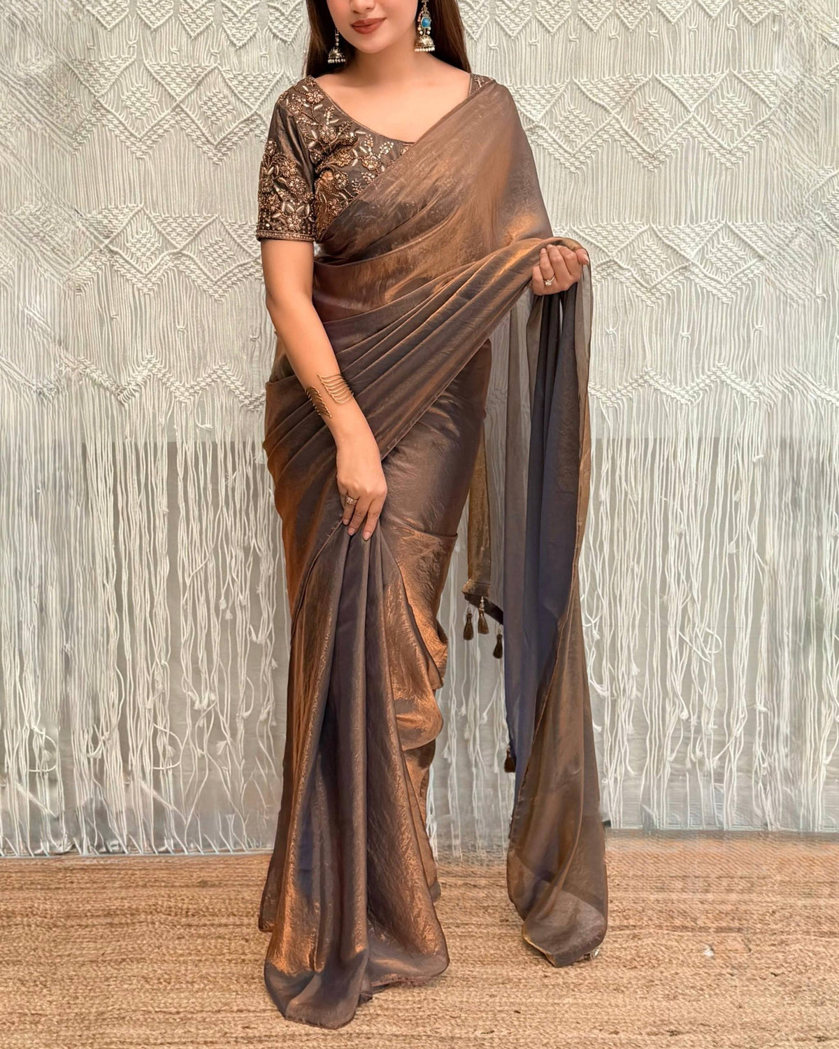 Mocha Bronze Dual Shade Fendy Satin Designer Saree with Beaded Blouse