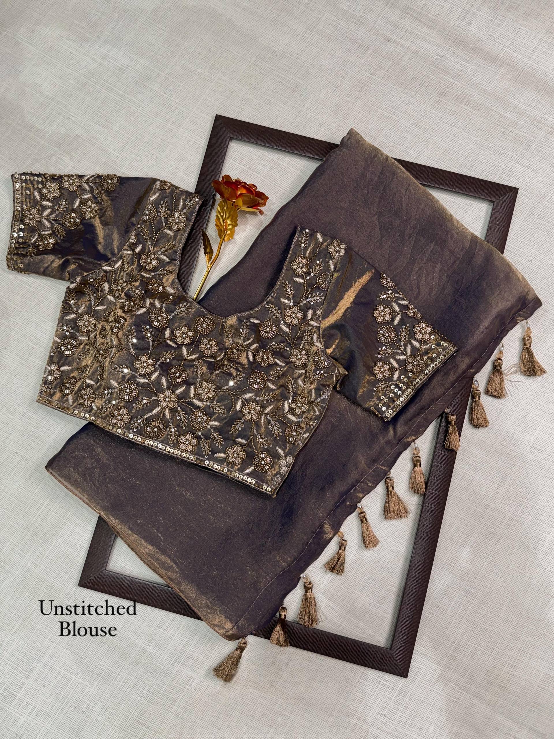 Mocha Bronze Dual Shade Fendy Satin Designer Saree with Beaded Blouse