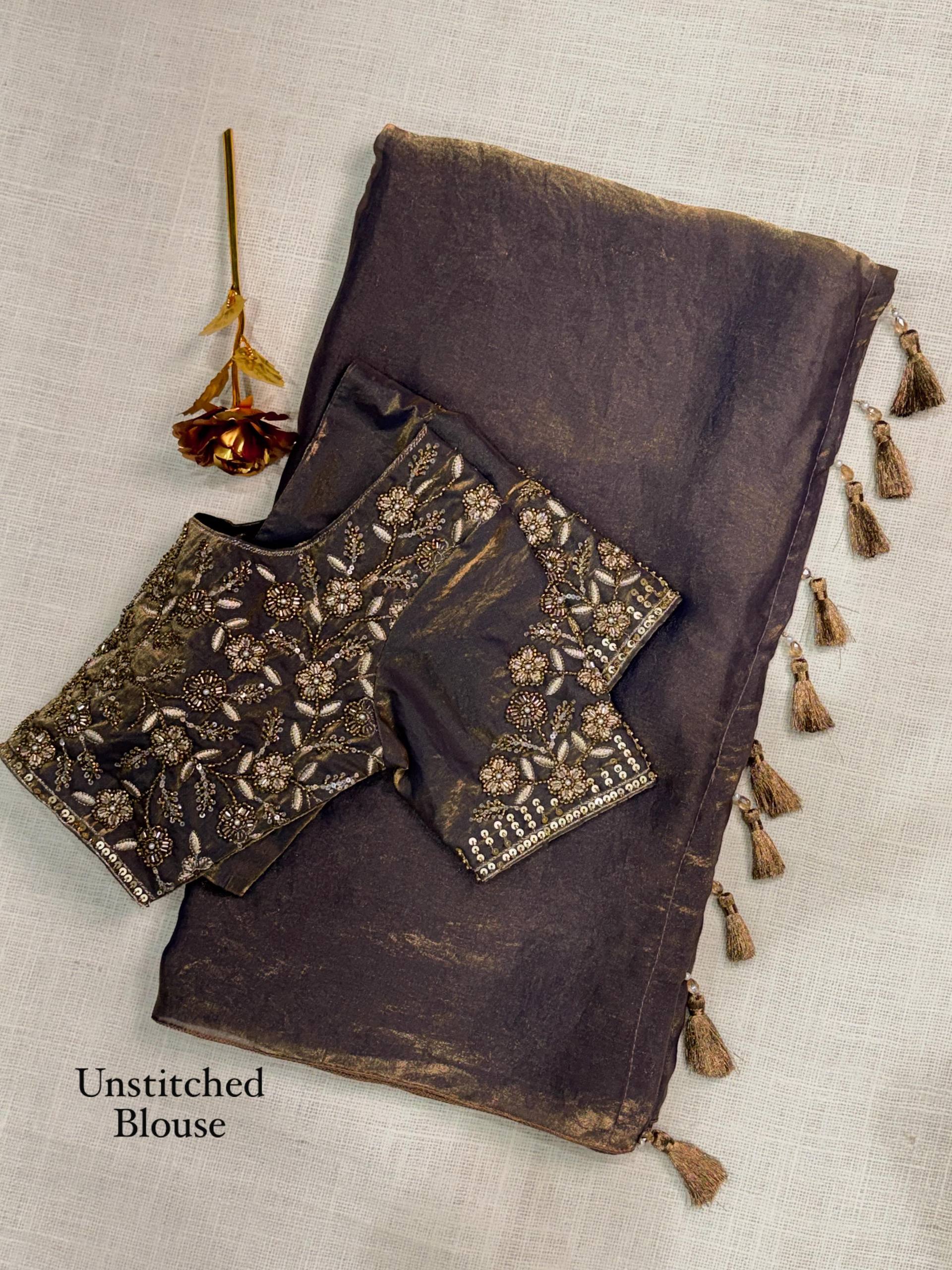 Mocha Bronze Dual Shade Fendy Satin Designer Saree with Beaded Blouse