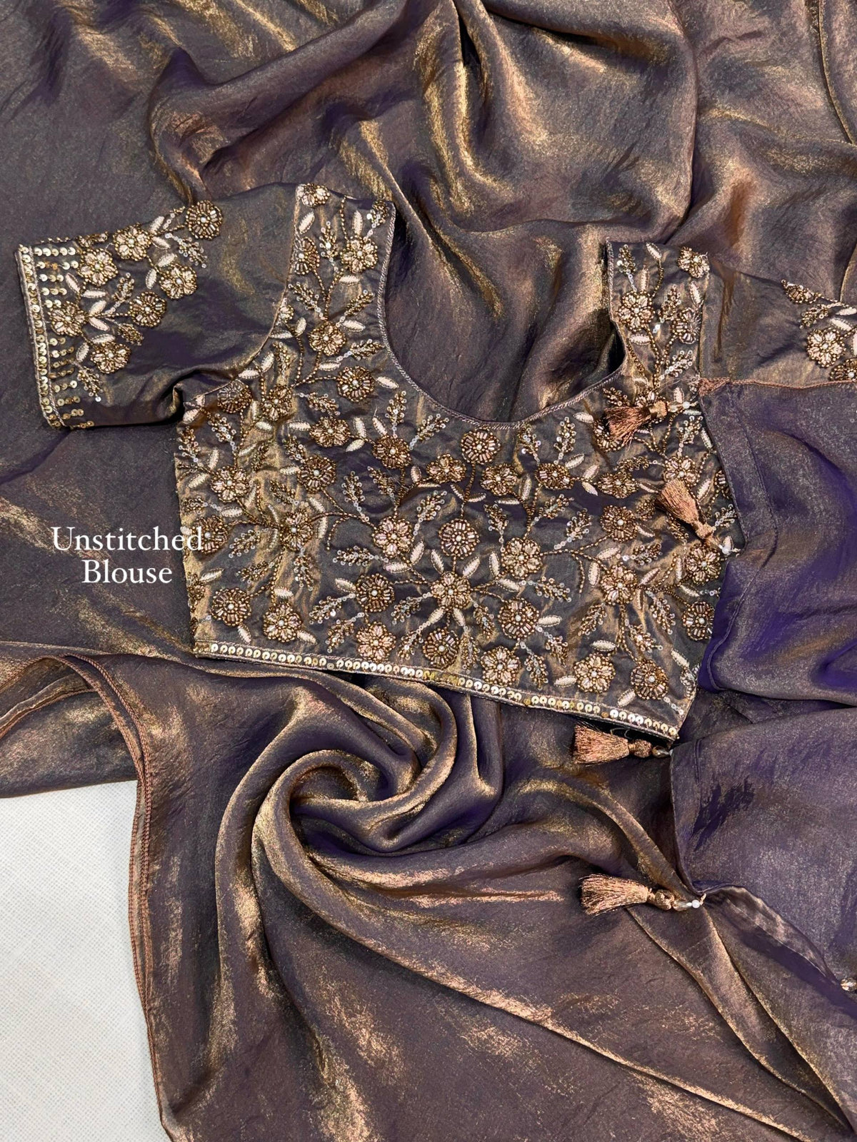 Mocha Bronze Dual Shade Fendy Satin Designer Saree with Beaded Blouse