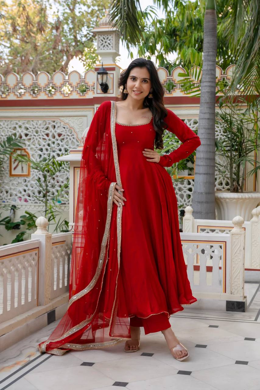 Red Faux Georgette Anarkali Suit Set with Handwork & Lace Dupatta