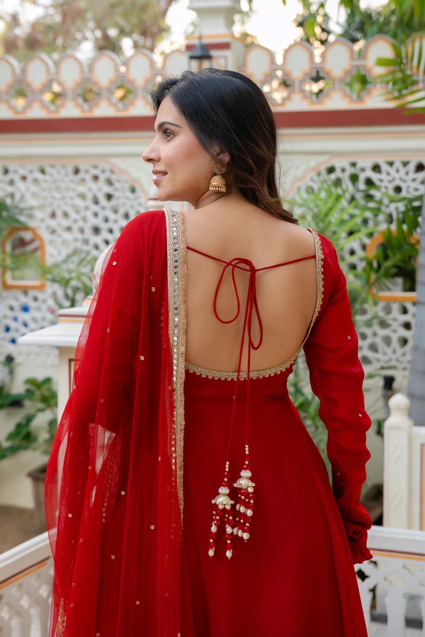 Red Faux Georgette Anarkali Suit Set with Handwork & Lace Dupatta