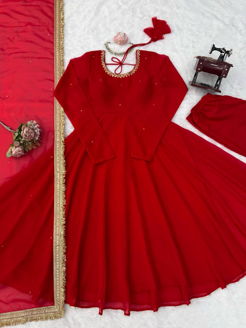 Red Faux Georgette Anarkali Suit Set with Handwork & Lace Dupatta