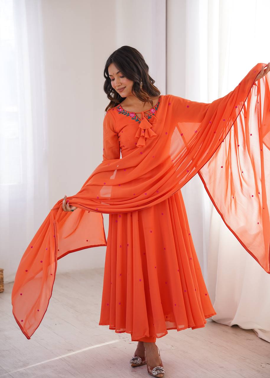 Coral Orange Embroidered Faux Georgette Anarkali Suit Set with Dupatta
