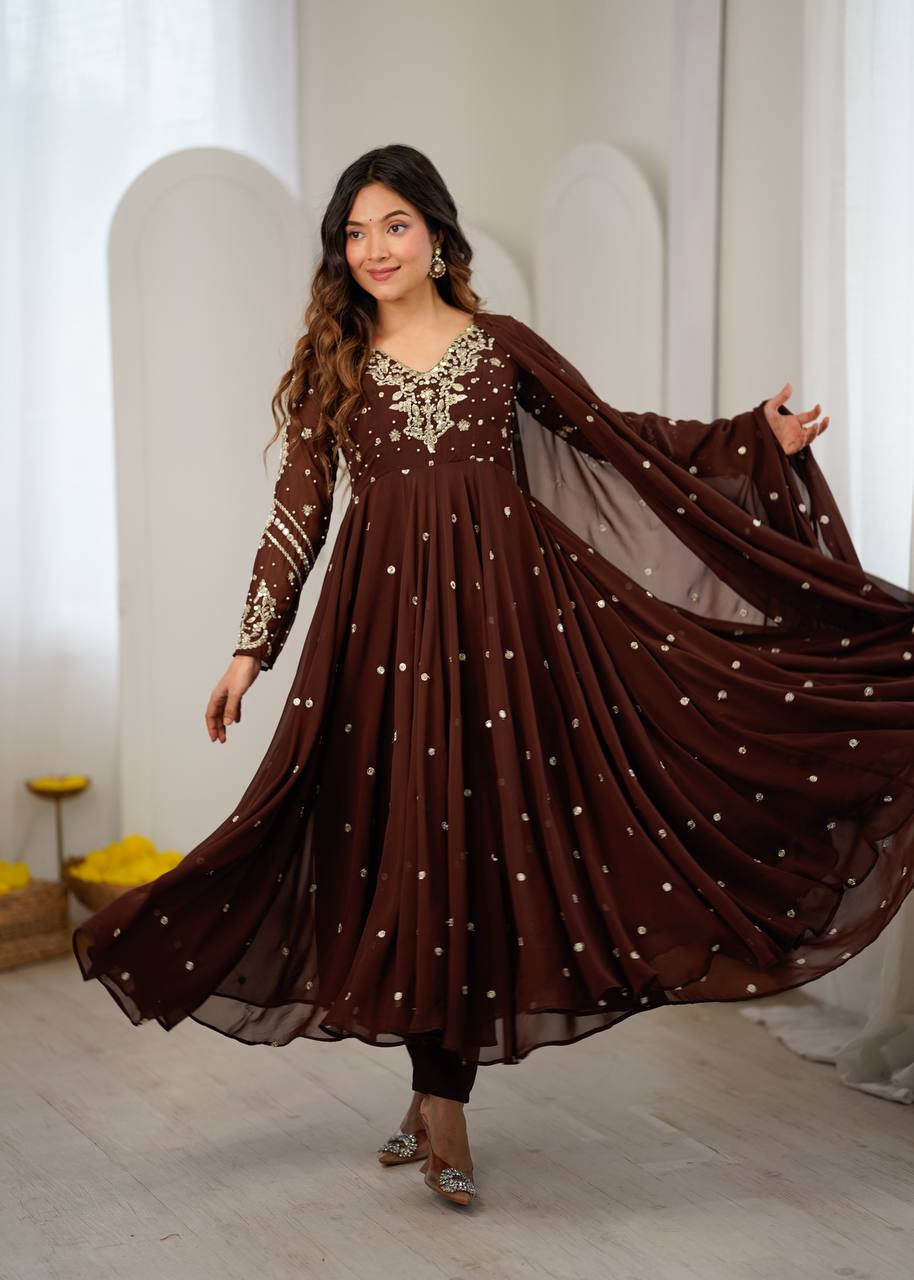 Chocolate Brown Faux Georgette Embroidered Anarkali Gown Set with Dupatta