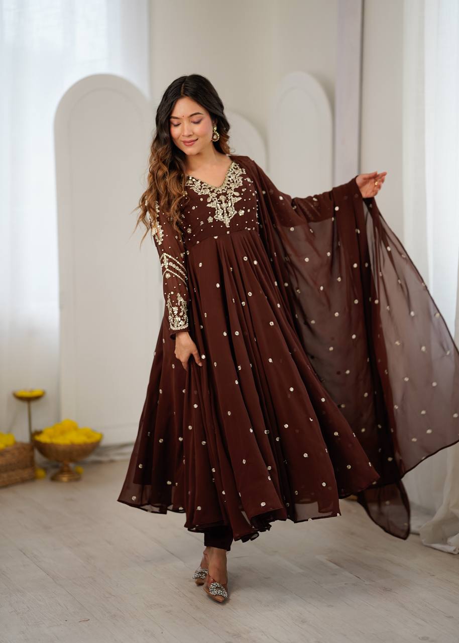 Chocolate Brown Faux Georgette Embroidered Anarkali Gown Set with Dupatta