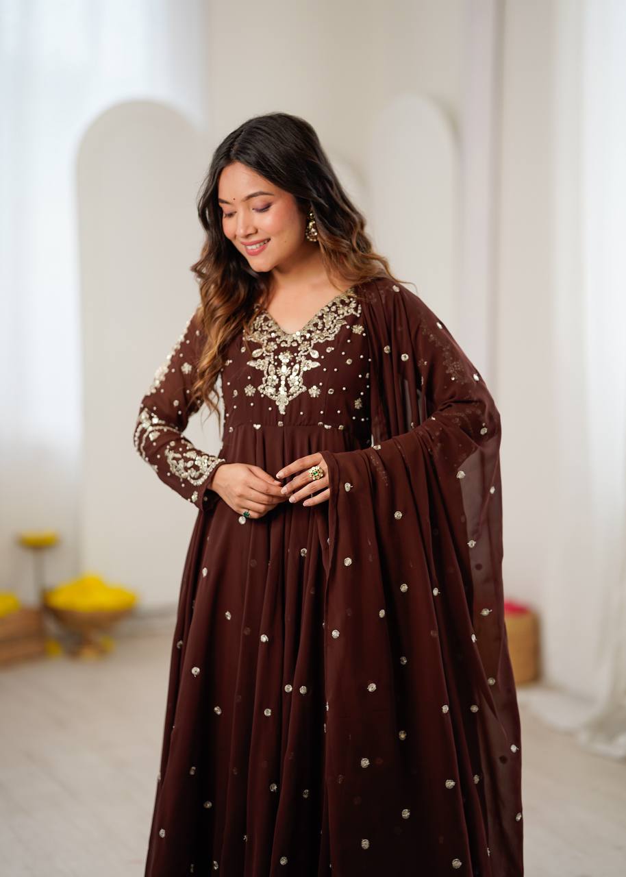 Chocolate Brown Faux Georgette Embroidered Anarkali Gown Set with Dupatta