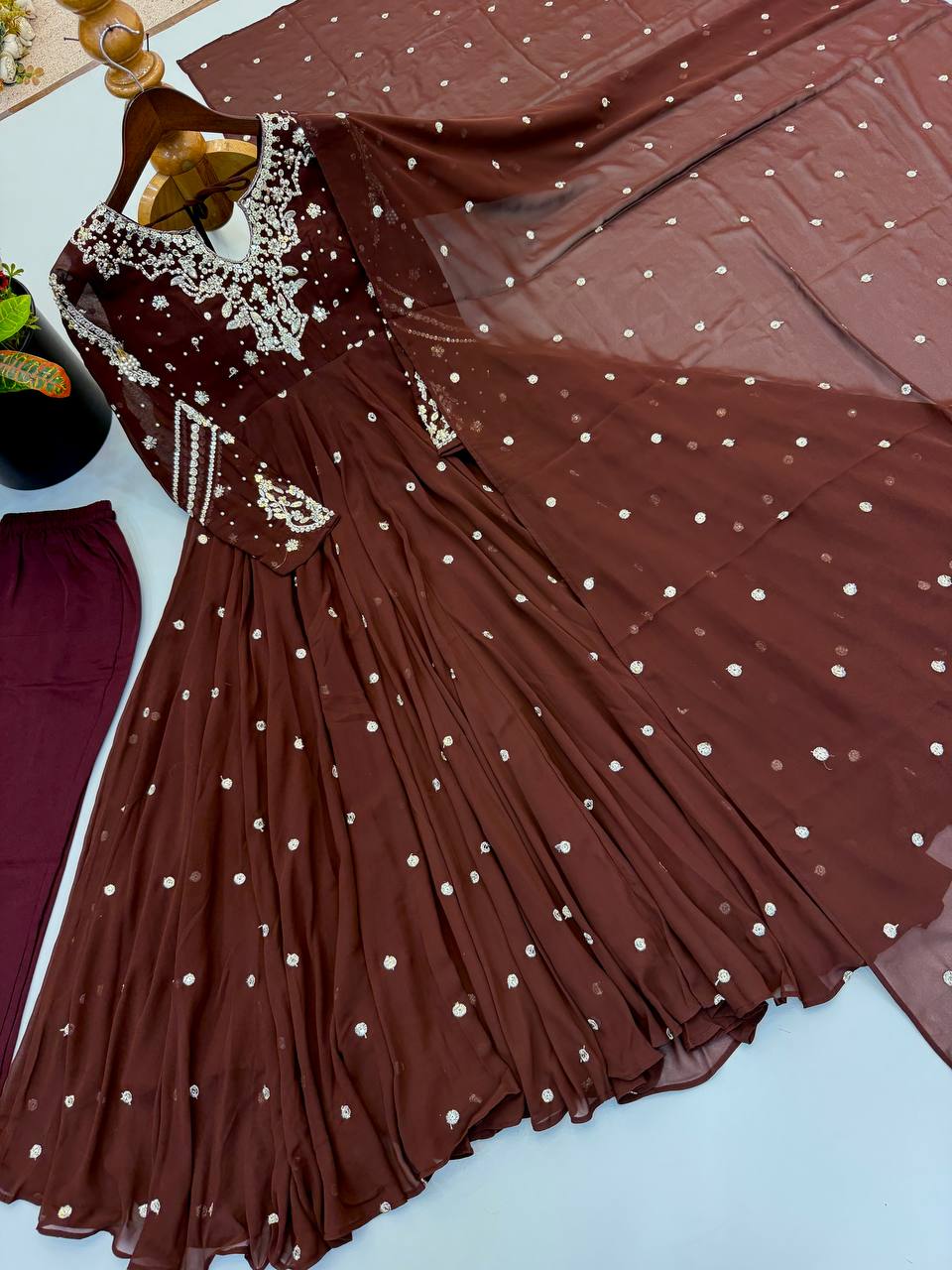 Chocolate Brown Faux Georgette Embroidered Anarkali Gown Set with Dupatta