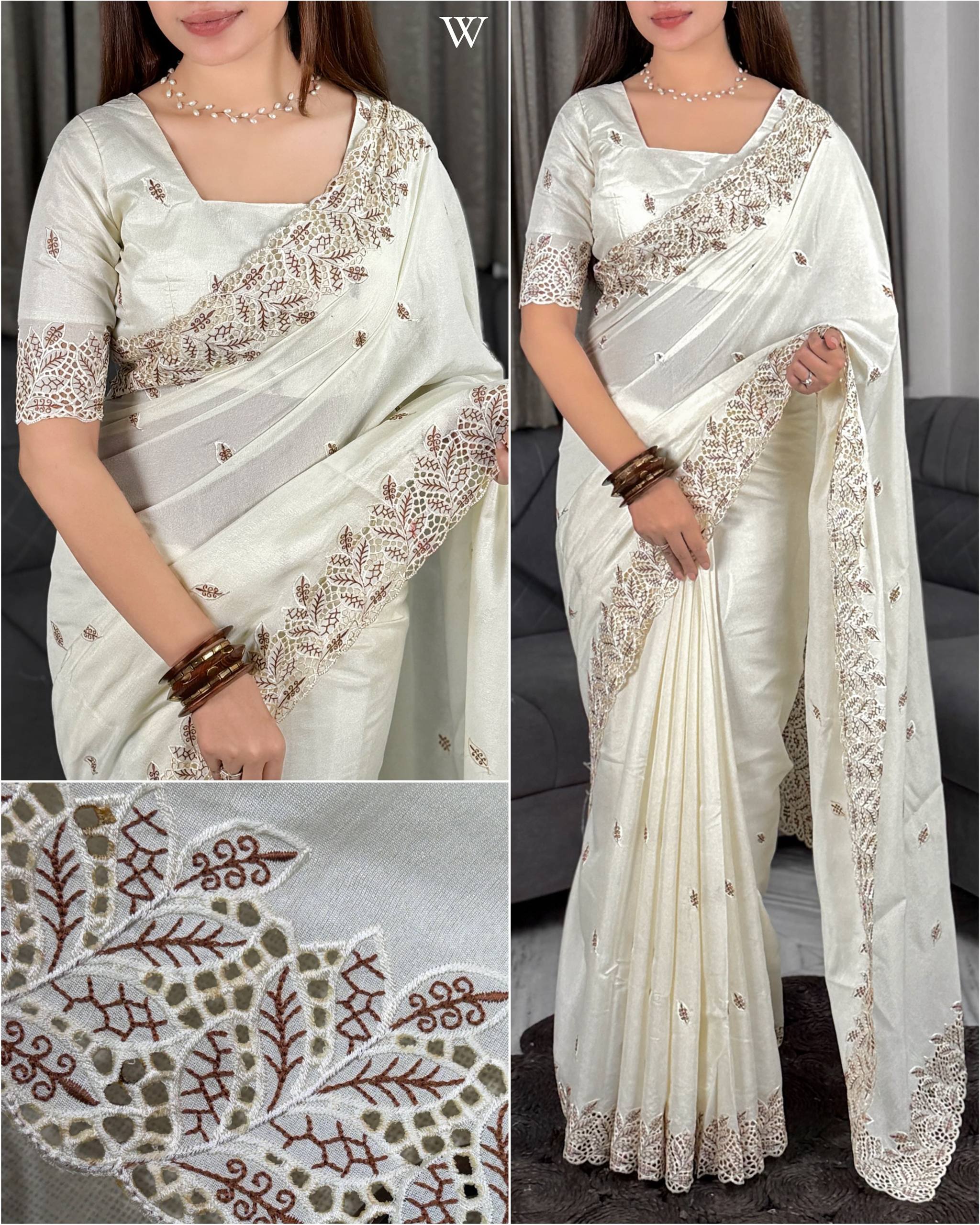 Ivory White Arry Cotton Thread Embroidered Cutwork Saree with Blouse