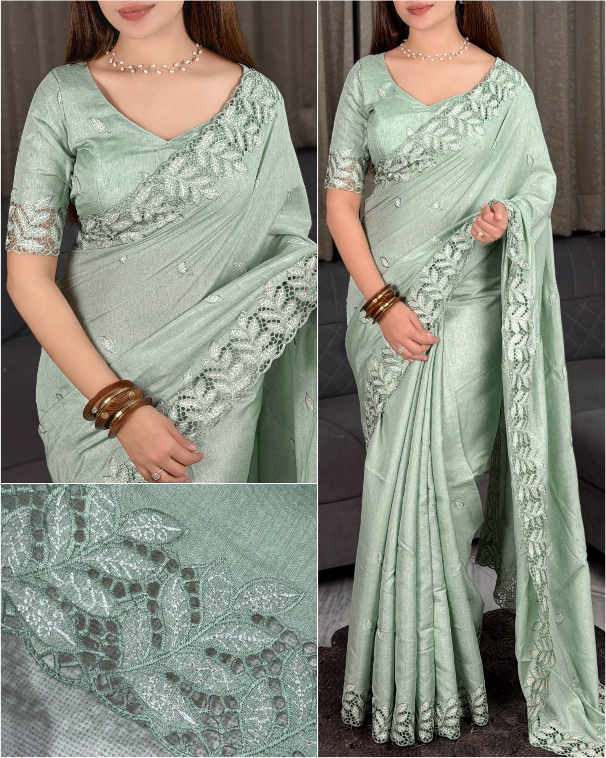 Sage Green Arry Cotton Thread Embroidered Cutwork Saree with Blouse