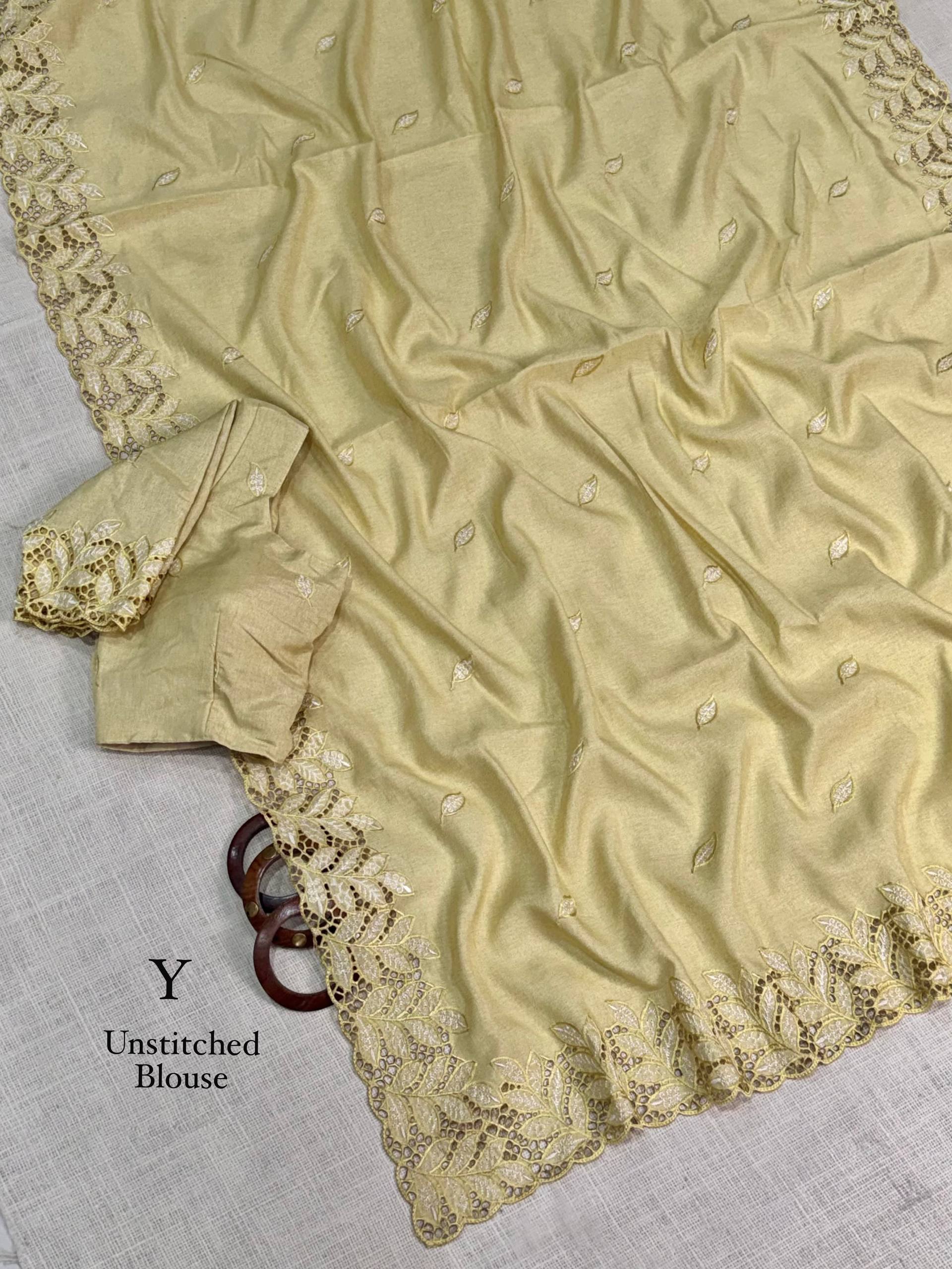 Golden Sand Arry Cotton Thread Embroidered Cutwork Saree with Blouse