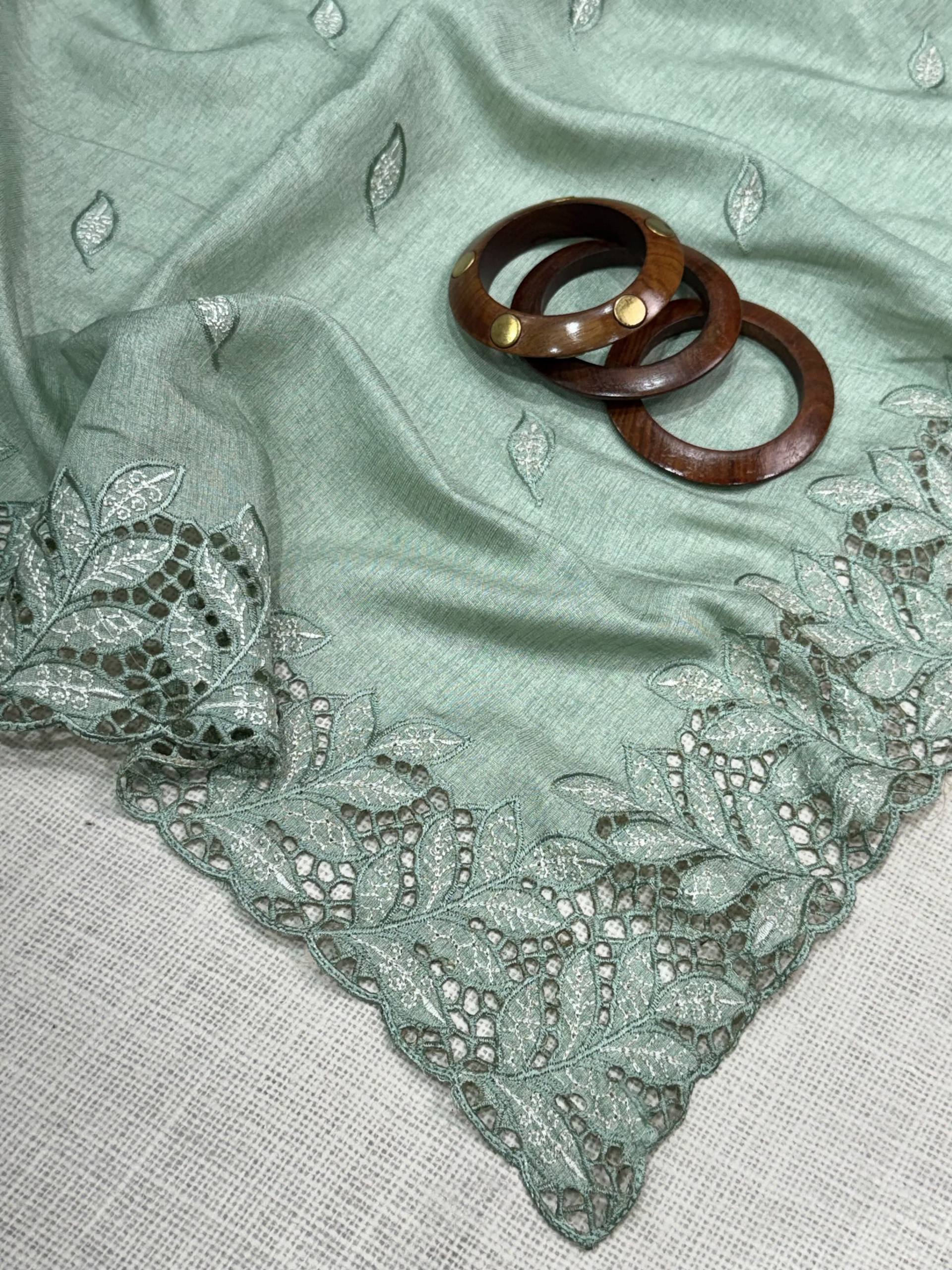 Sage Green Arry Cotton Thread Embroidered Cutwork Saree with Blouse