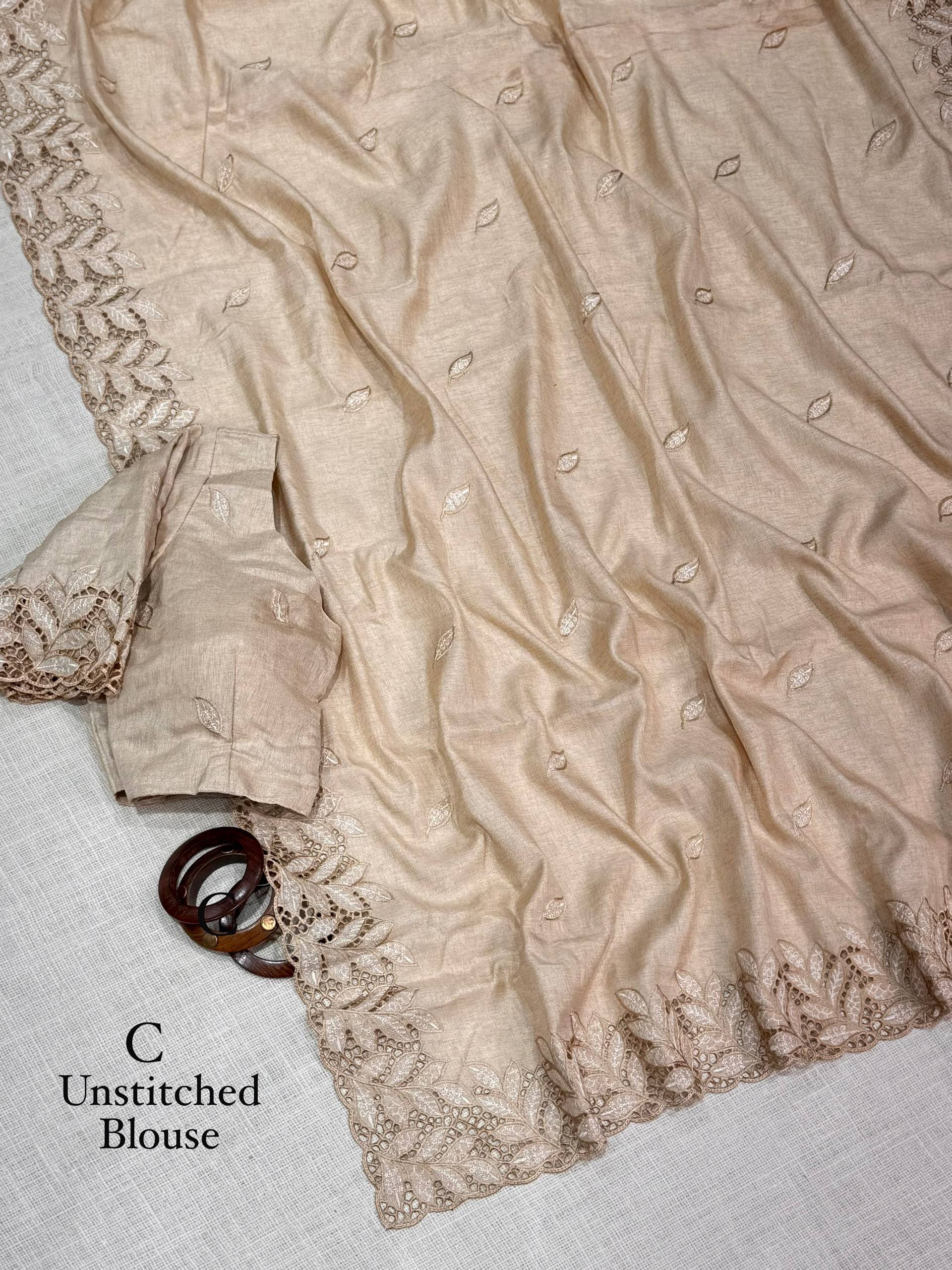 Champagne Beige Arry Cotton Thread Embroidered Cutwork Saree with Blouse