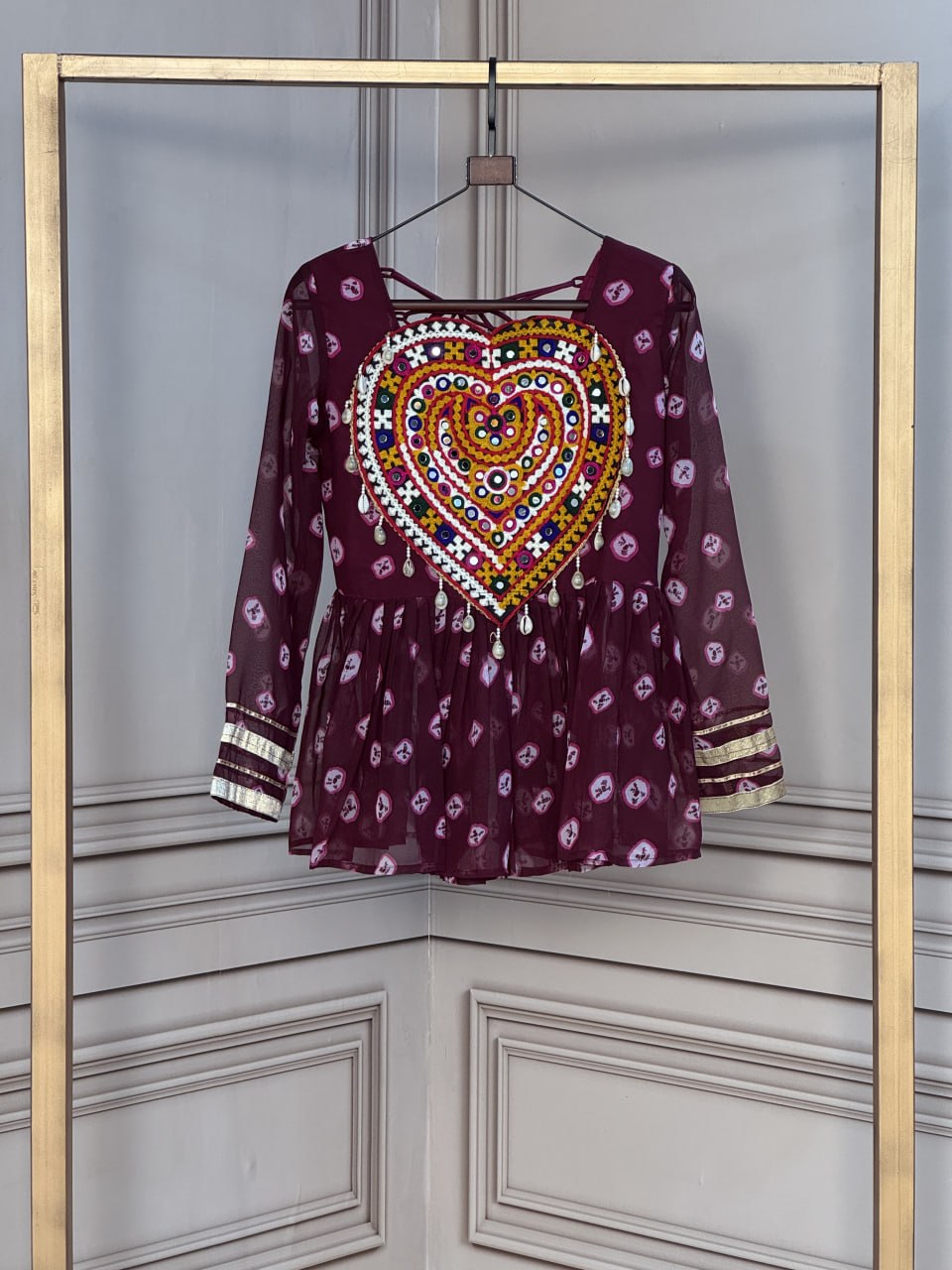 Maroon Bandhani Kutchi Gamthi Patchwork Navratri Top